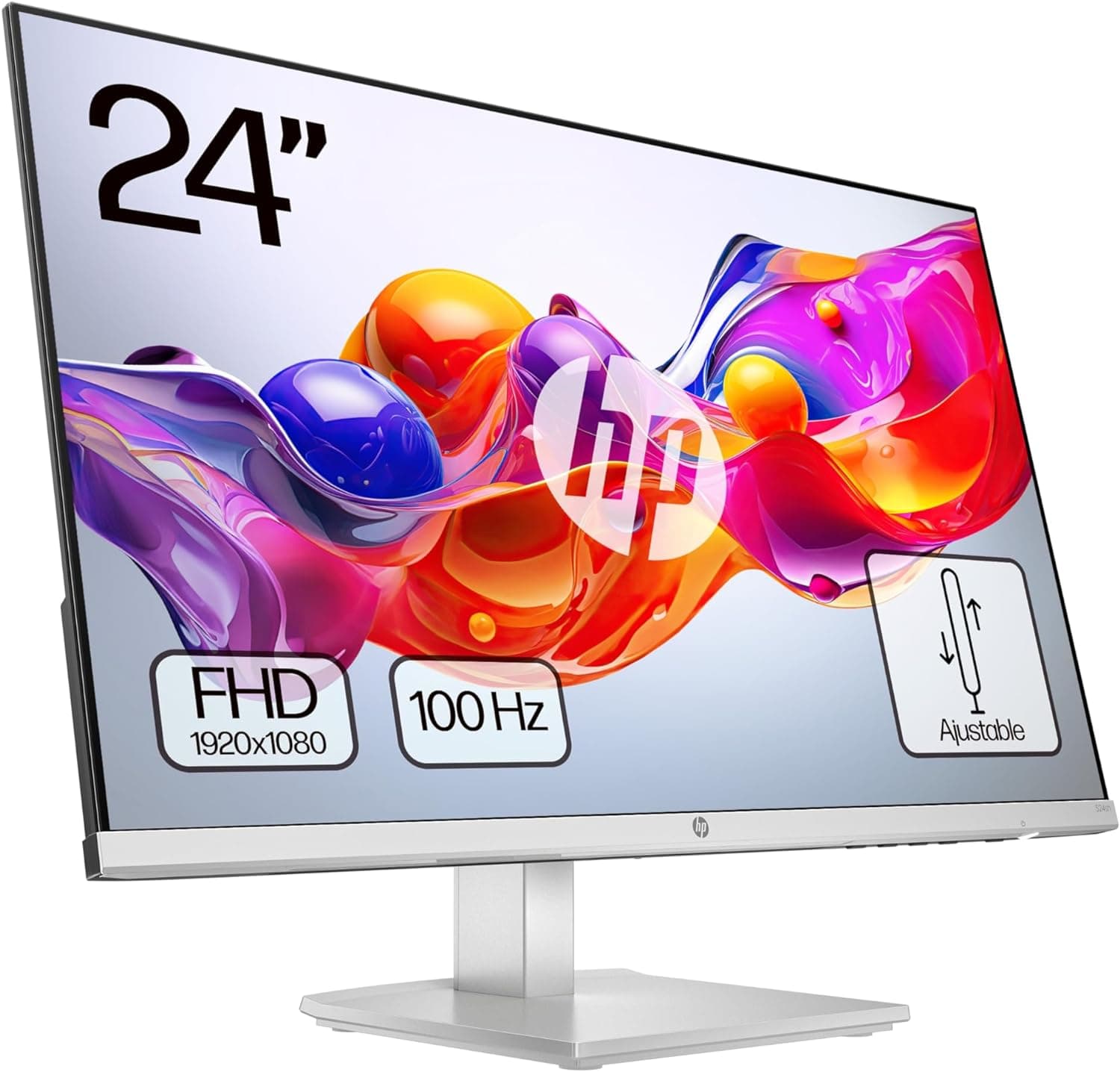 HP 524sh- Monitor FHD de 23,8" (1920x1080, IPS, 100 Hz, 5 ms, 99% sRGB, 300 Nits, contraste 1500:1, altura ajustável), preto com suporte prateado