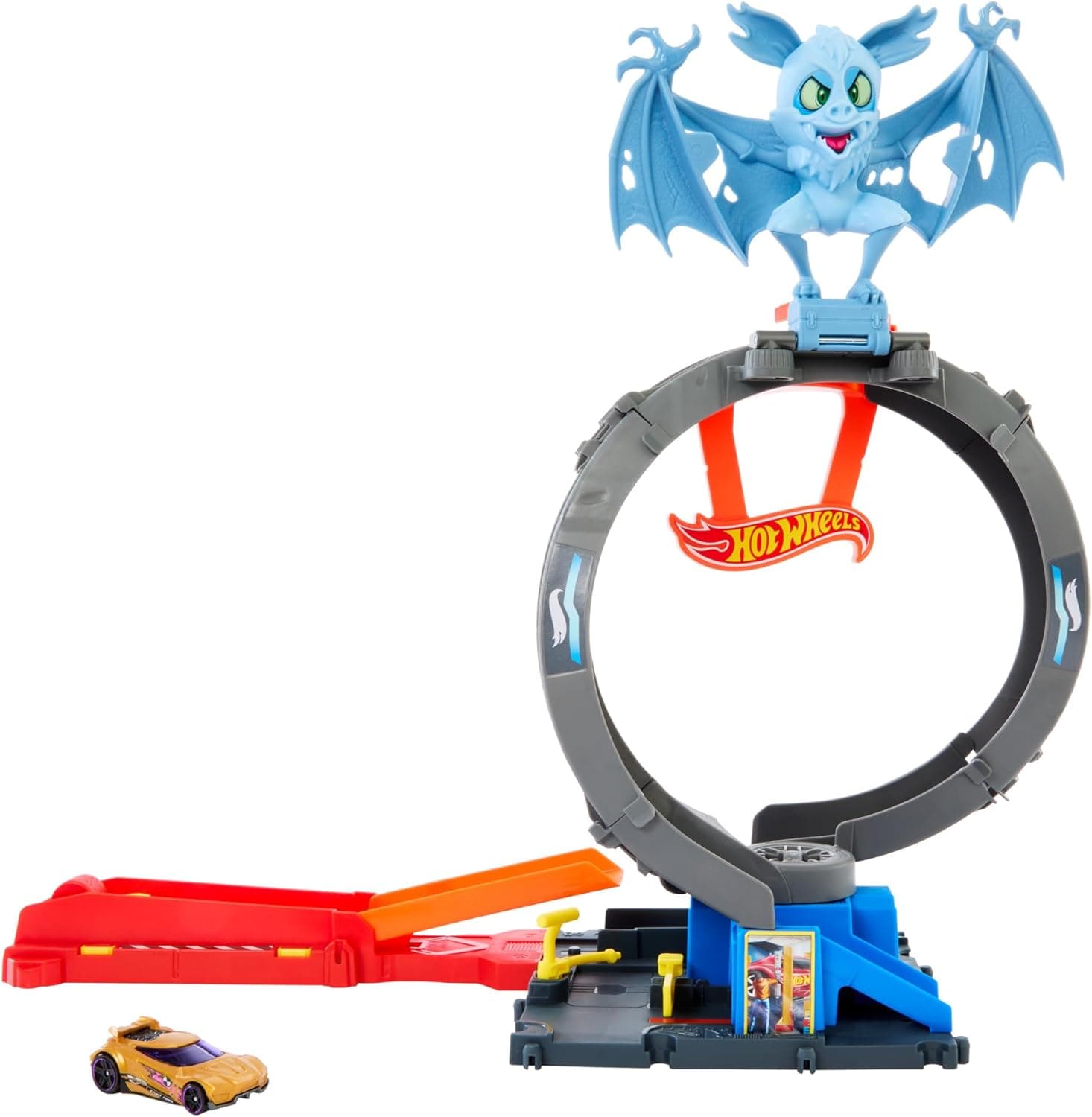 Hot Wheels City "Let's Race - a correr!" Netflix - Ataque do morcego loja de pneus pista para carros de brinquedo com lançador e looping ajustável, inclui 1 veículo, + 4 anos (HTN78)