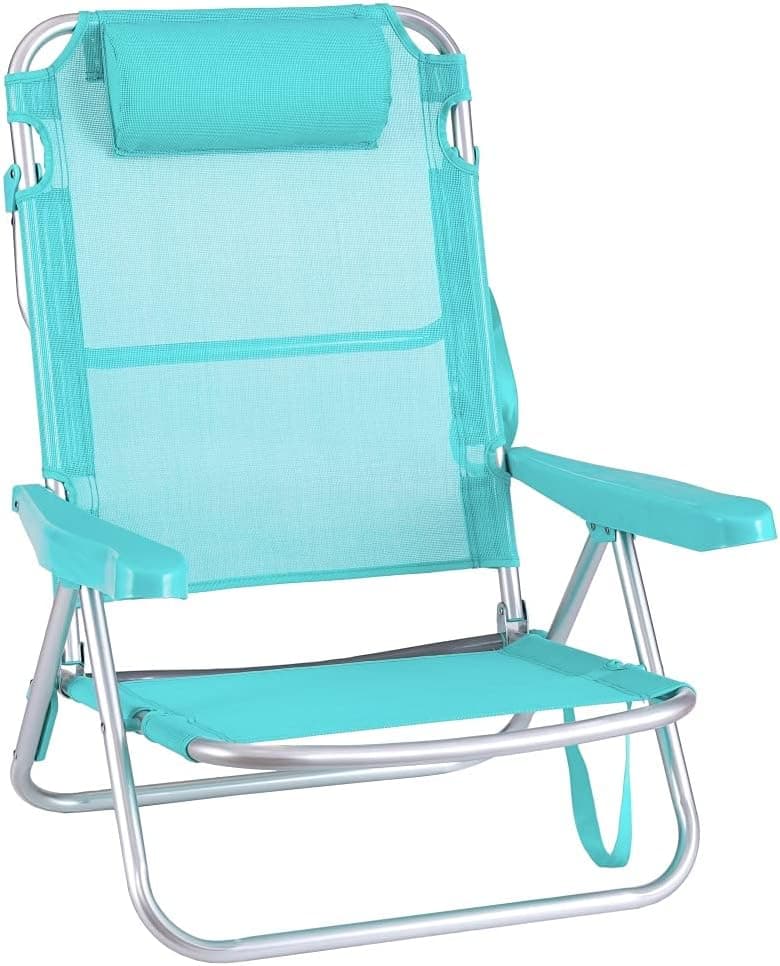 LOLAhome Cadeira de praia dobrável, leve portátil, baixa e reclinável, de 4 posições, com almofada, para campismo, piscina, terraço ou jardim água-marinha