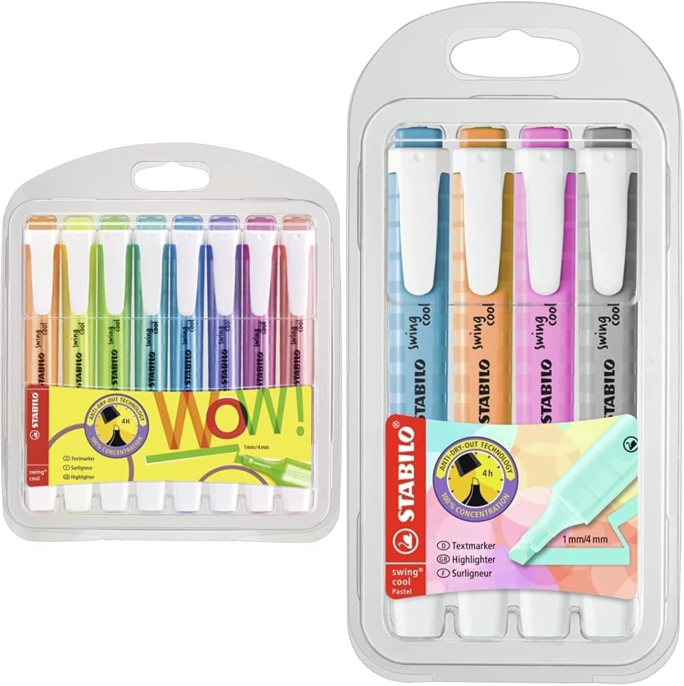 STABILO Marcador fluorescente swing cool - estojo com 8 cores e marcador fluorescente swing cool pastel estojo de 4 unidades cores sortidas
