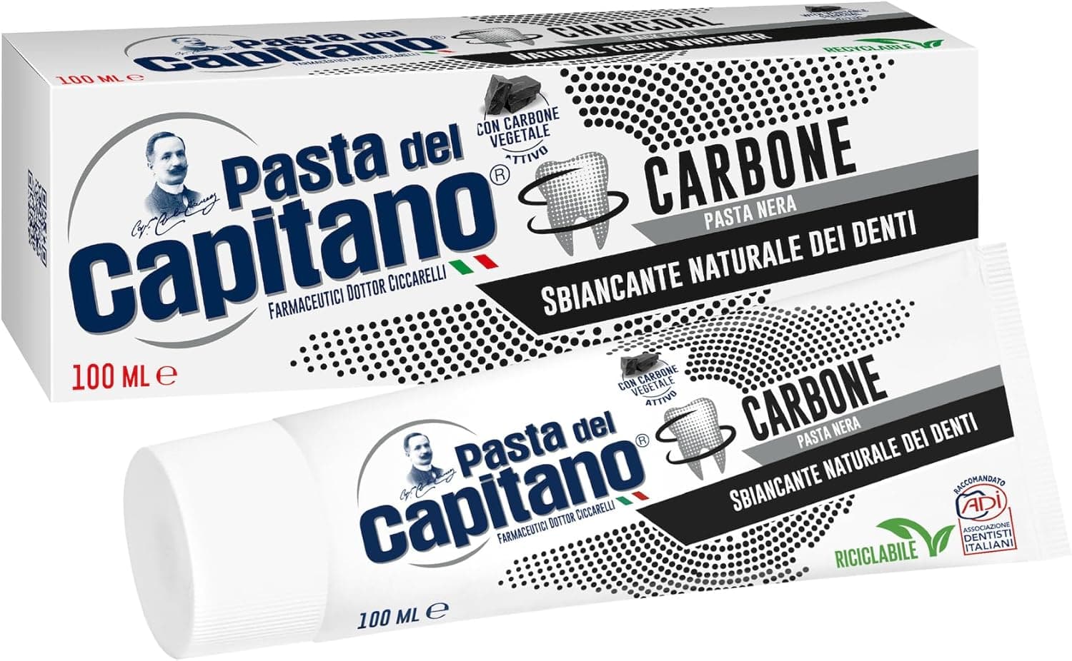 Pasta del Capitano, Dentífrico de Carbón Vegetal Activo Bio, Blanqueador Natural de Dientes en Pasta Negra, Efectivo contra las Sustancias que Manchan el Esmalte, 100% Made in Italy, Tubo de 100 ml