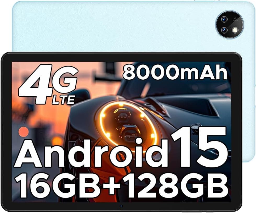 DOOGEE T10W Tablet de 10 polegadas, Android 15 Tablet, 8000 mAh Dual 4G LTE 5G WiFi, tablet de 128 GB / certificação TÜV SÜD/Face ID/certificação Hi-Res/OTG/ BT5.0/ Tipo-C/ 333 ,5 mm Jack Azul