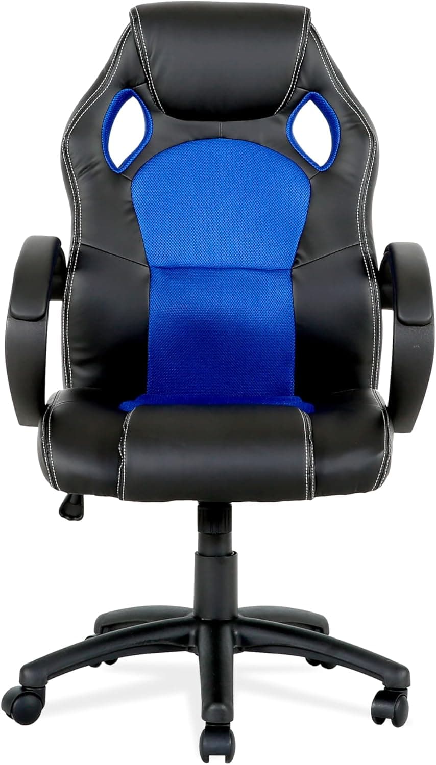 Cadeira de estudo juvenil tipo Gaming com assento misto símile pele têxtil e base de nylon, cor preta e azul. Modelo de Madrid