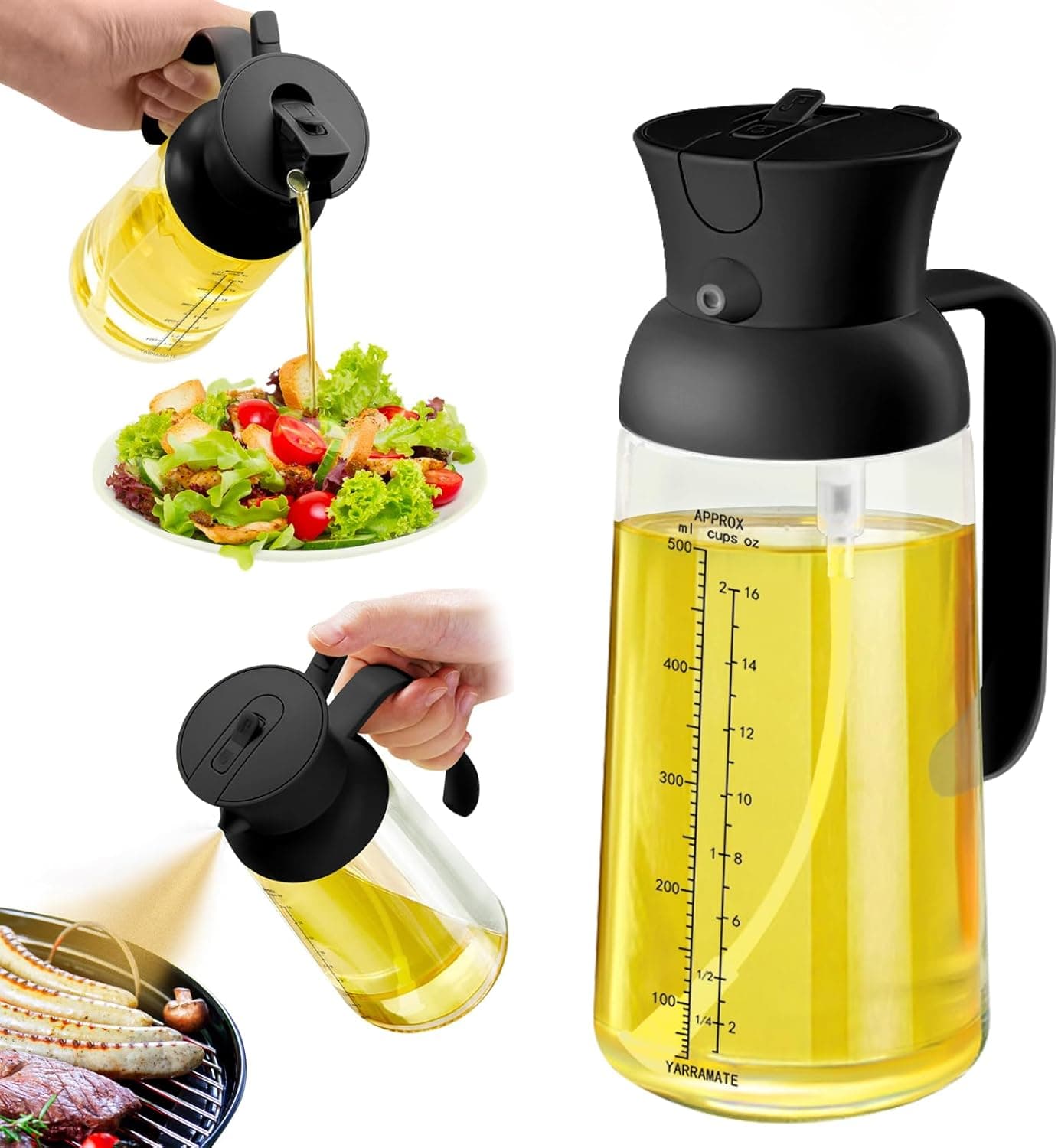 YARRAMATE | Dispensador de azeite 2 em 1 em vidro com escala e pulverizador 550 ml