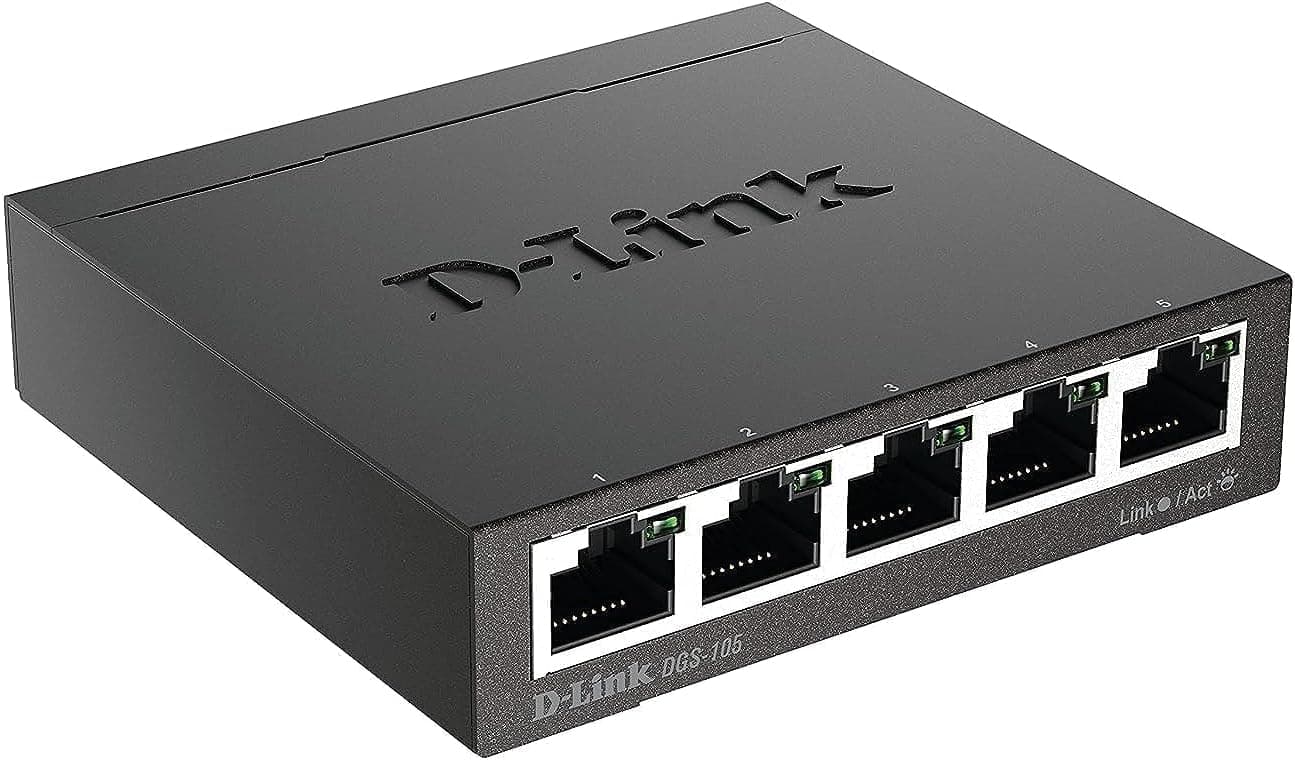 D-Link DGS-105 Switch de rede (5 portas Gigabit RJ-45, 10/100/1000 Mbps, chassis metálico, IGMP snooping, auto-ensing, priorização de tráfego QoS 802.1p) cor preta