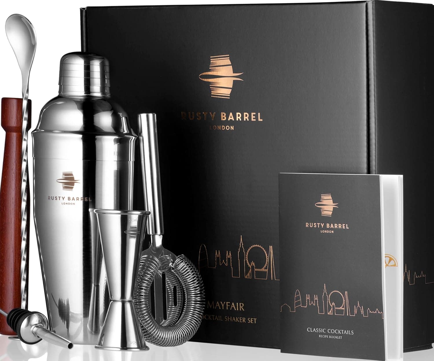 Rusty Barrel Mayfair | Kit de cocktail em aço inoxidável com coqueteleira e acessórios para preparação de bebidas