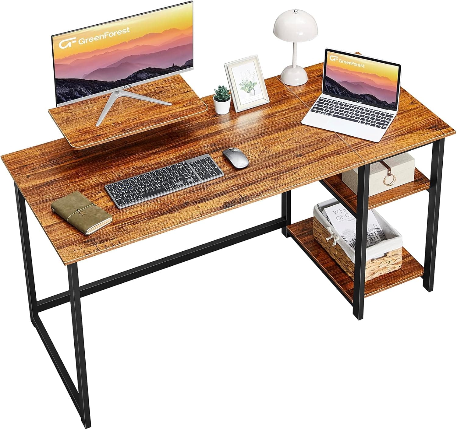 GreenForest Mesa de computador com prateleiras de armazenamento reversível, mesa de escritório para economia de espaço e, mesa de estudo pequena para montagem simples, castanho