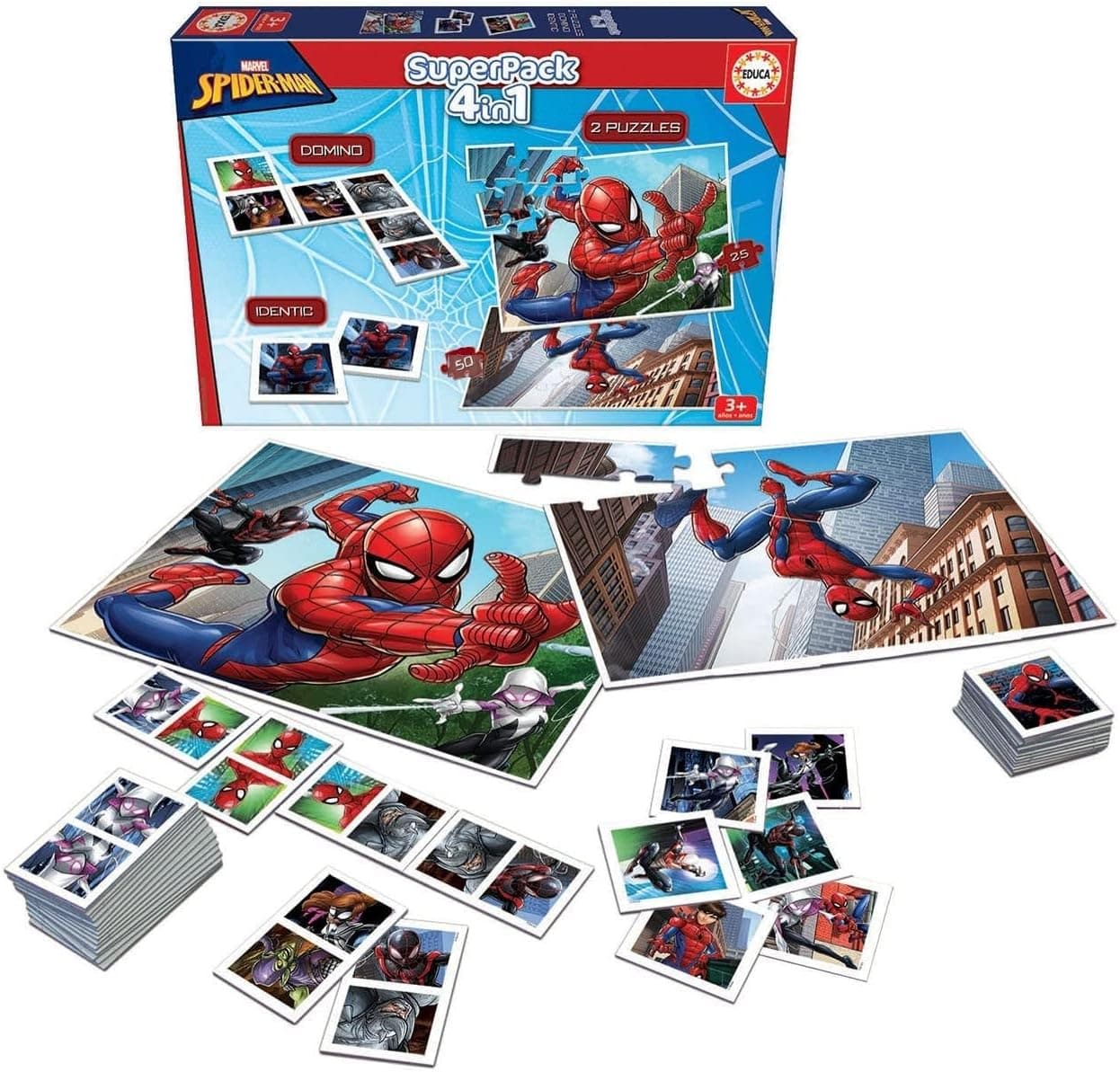 Educa - O Superpack Spiderman várias possibilidades de jogo para jogar sozinho ou acompanhado inclui Domino Identic e 2 puzzles conjunto de mesa para crianças a partir dos 3 anos (19353)