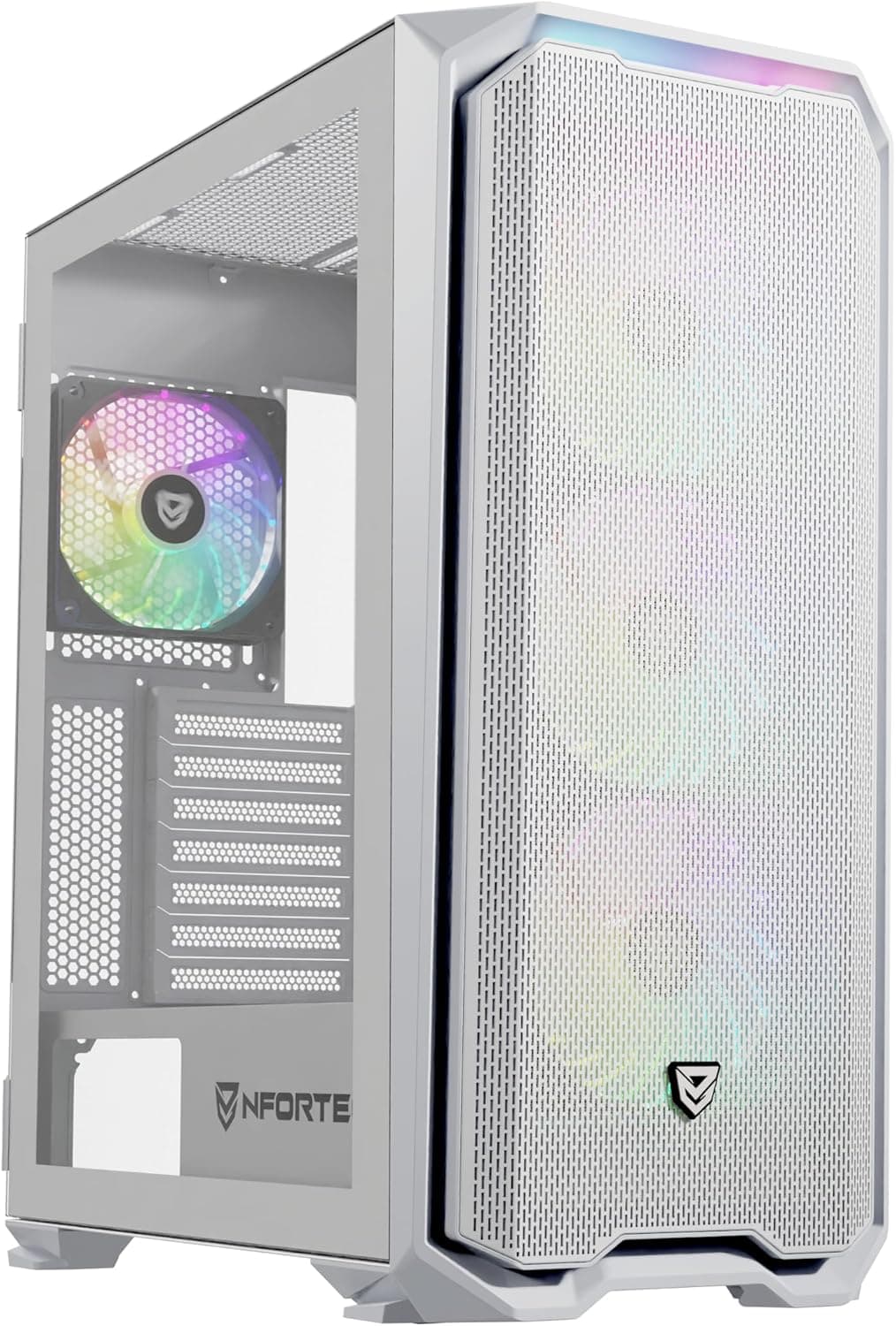 Nfortec - KRATER X Caixa PC Gaming Mid Tower (ATX), ventiladores 4 x 120 mm ARGB incluídos, Frental Mesh, vidro temperado lateral, branco