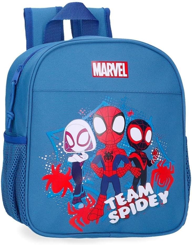 Disney Mochila infantil Marvel, feita de poliéster, bolsos laterais, alças largas, alça superior para pendurar, com etiqueta de identificação para o nome, sistema Magic Fix., Spidey, Tamanho único