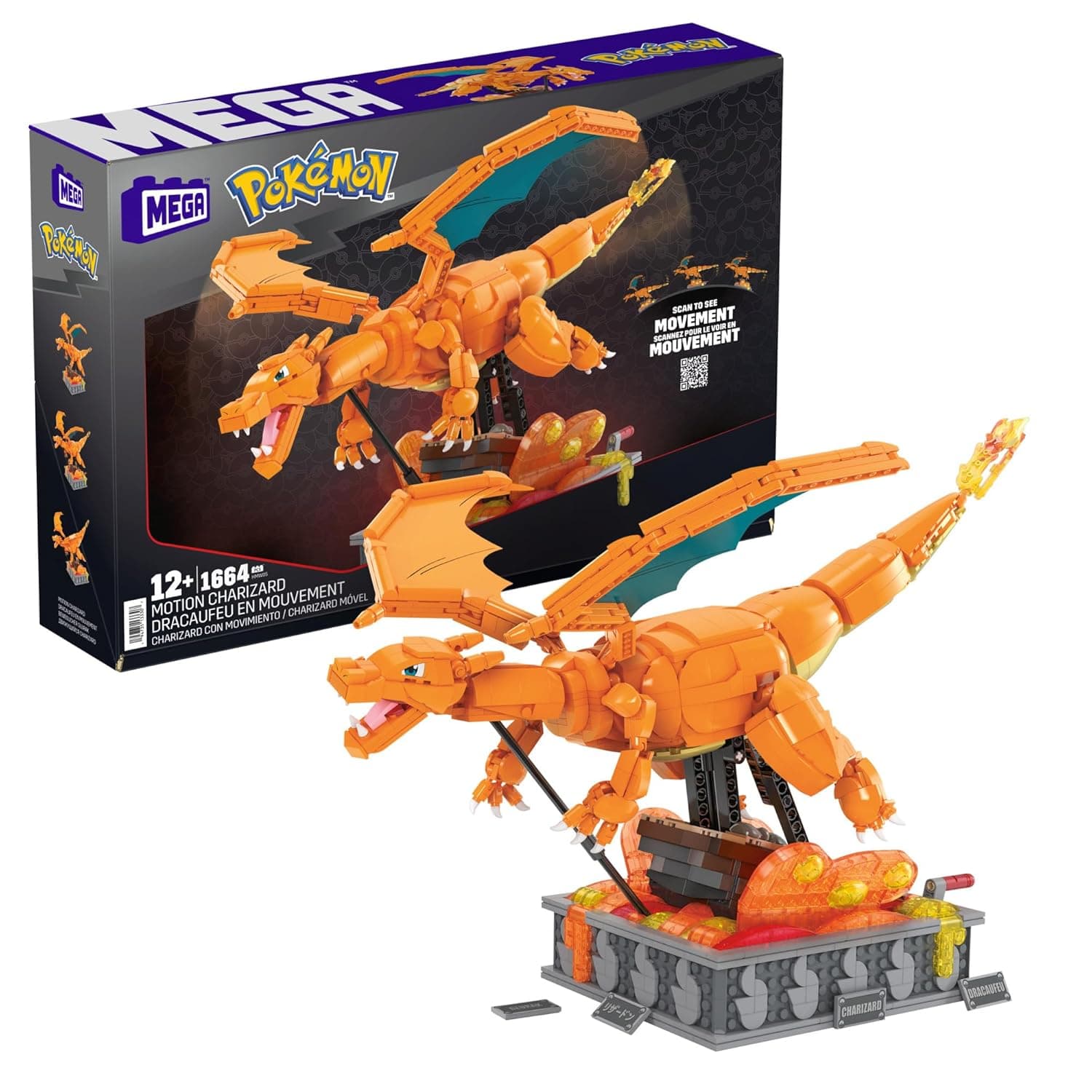 Mega Pokemon Charizard em movimento + 1600 blocos de construção, brinquedo + 12 anos (Mattel HMW05)