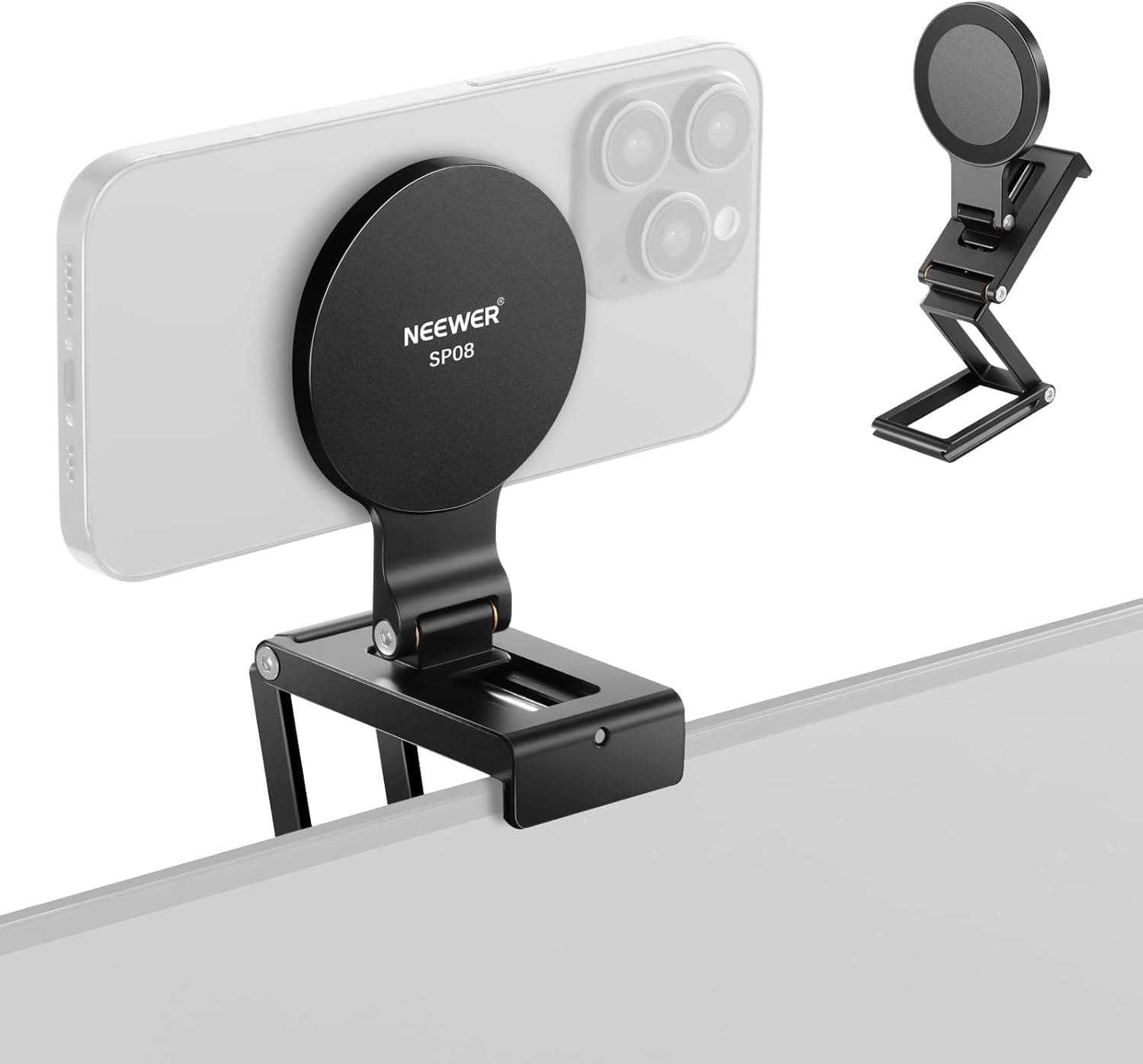 NEEWER Suporte de câmara continuidade para monitor de secretária, suporte magnético triplo dobrável câmara webcam com base tipo arca, compatível com MagSafe iPhone iMac computador portátil Samsung,