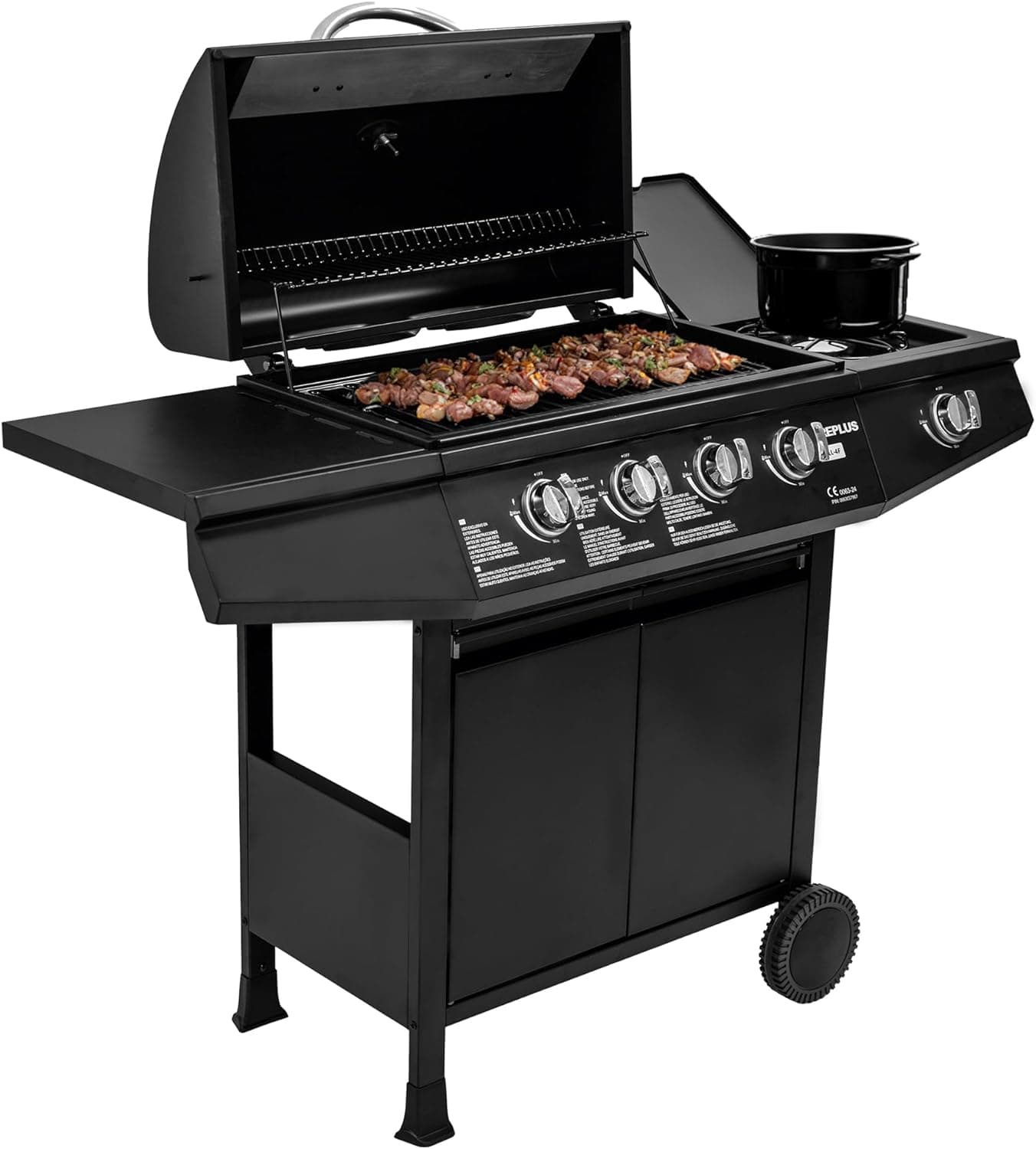 Amig - Churrasco a gás Fireplus 4+1 de 9,3 kW - aço inoxidável preto, grelha com rodas modelo GRILL-4F, churrasqueira XXL com carro e termómetro - 126 x 52 x 103 cm, 5 queimadores e bandeja lateral