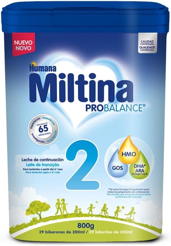 Humana Miltina Probalance 2 leite infantil com Hmo (componente de leite materno), fórmula de continuação para bebés de 6 a 2 meses, original, 800 gramas