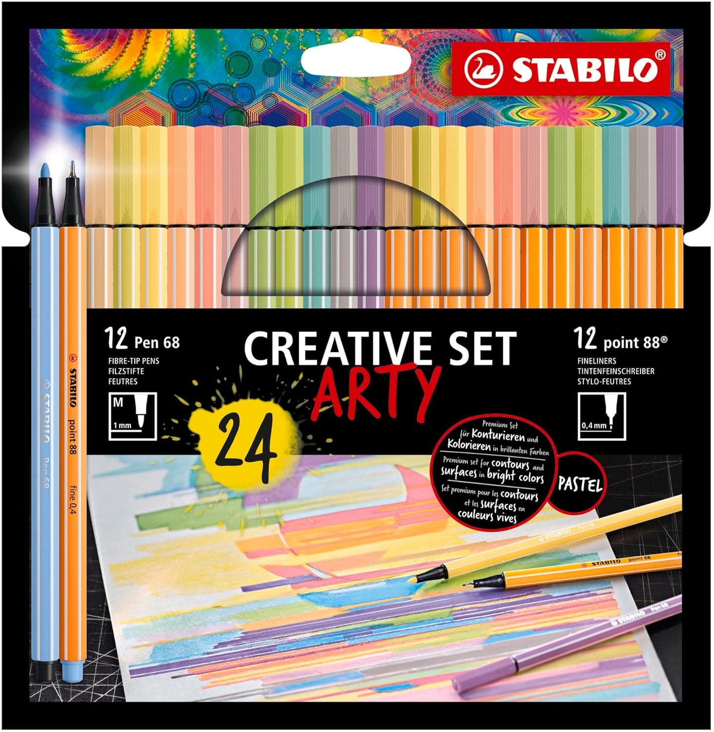 Estojo ARTY Creative Set com 12 marcadores premium STABILO Pen 68 e 12 marcadores ponta fina ponto 88