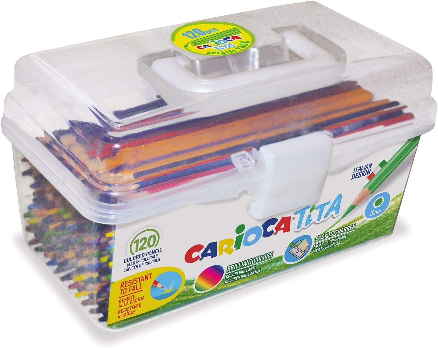 CARIOCA Pasta TITA | Lápis coloridos, caixa portátil de lápis super resistente em resina com corpo hexagonal e mina super resistente a quedas, cores sortidas, 120 unidades