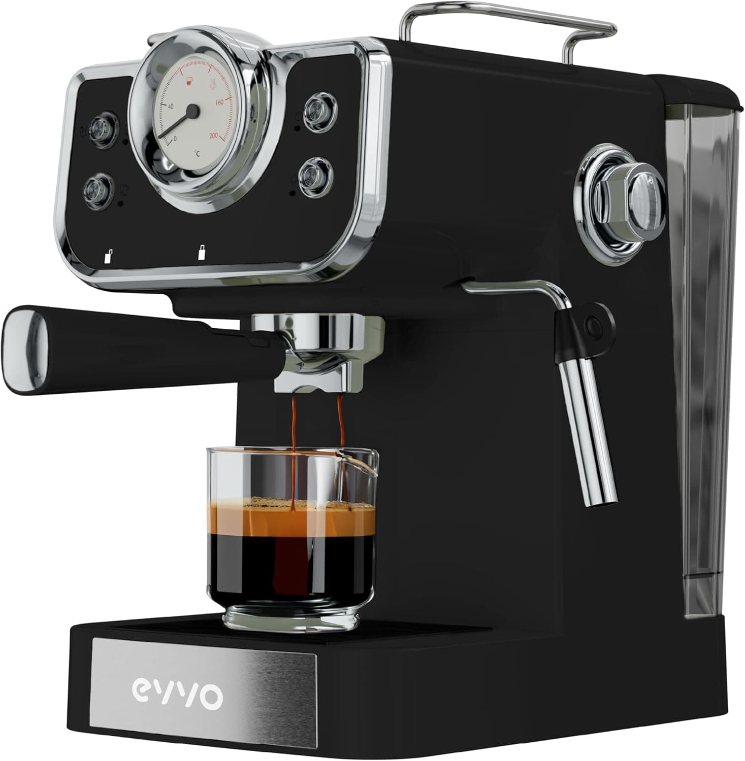 EVVO Cafeteira expresso retro intensa, 15 bares, acabamento vintage, corpo de aço, expresso e capuz, 950 W, saída dupla, porta-filtros, depósito de 1,5 l, aquecimento rápido (cor: Preto)