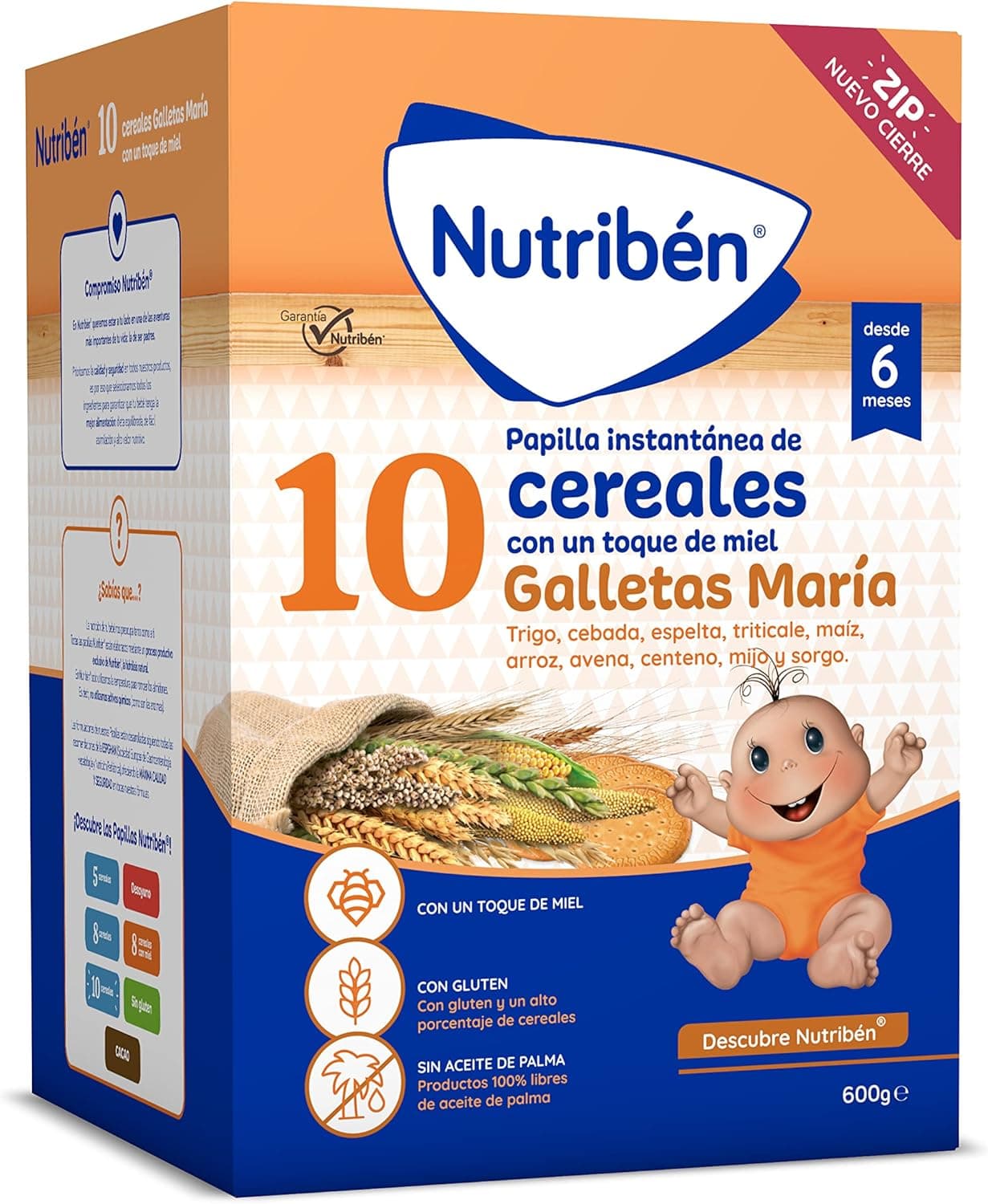 Nutribén 10 cereais com um toque de mel e bolachas, Maria, vitaminas e cálcio, alimentos para bebés a partir de 6 meses, com lúten, sem óleo de palma, 600 g