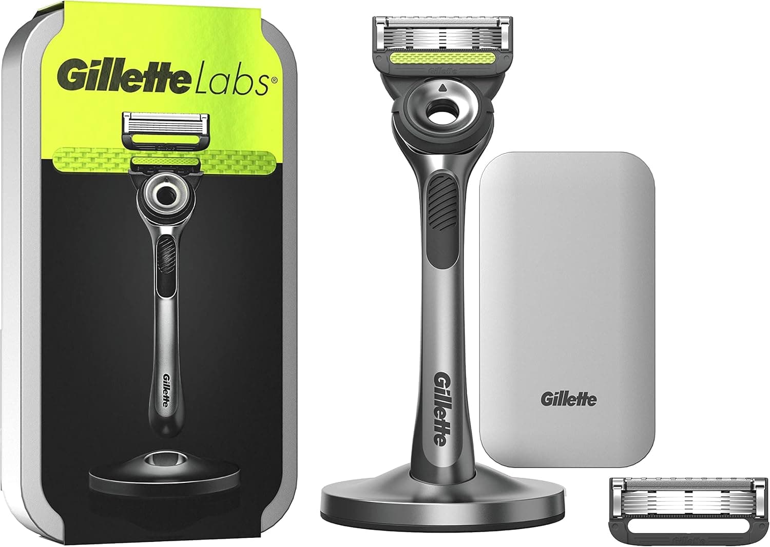 Gillette Labs Máquina de barbear homem com barra de esfoliação 2 lâminas de barbear de substituição base magnética e estojo de viagem, presentes originais para homem