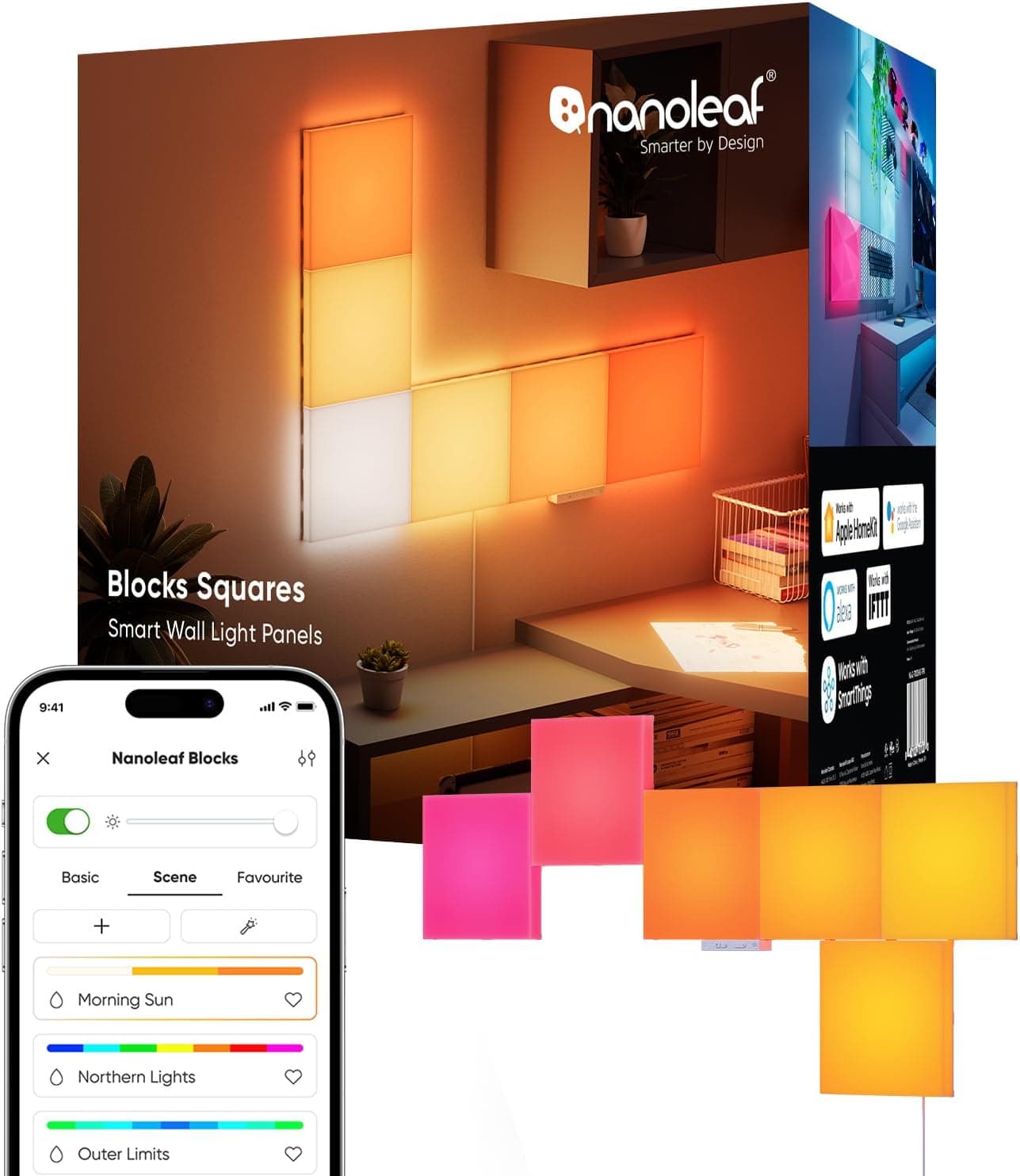 Nanoleaf Blocks Kit de início | 6 quadrados decorativos para parede, iluminação difusa uniforme, luz LED RGBW, sincronização com música e ecrã, Thread/WiFi controlo por APP e voz (Alexa, Apple)