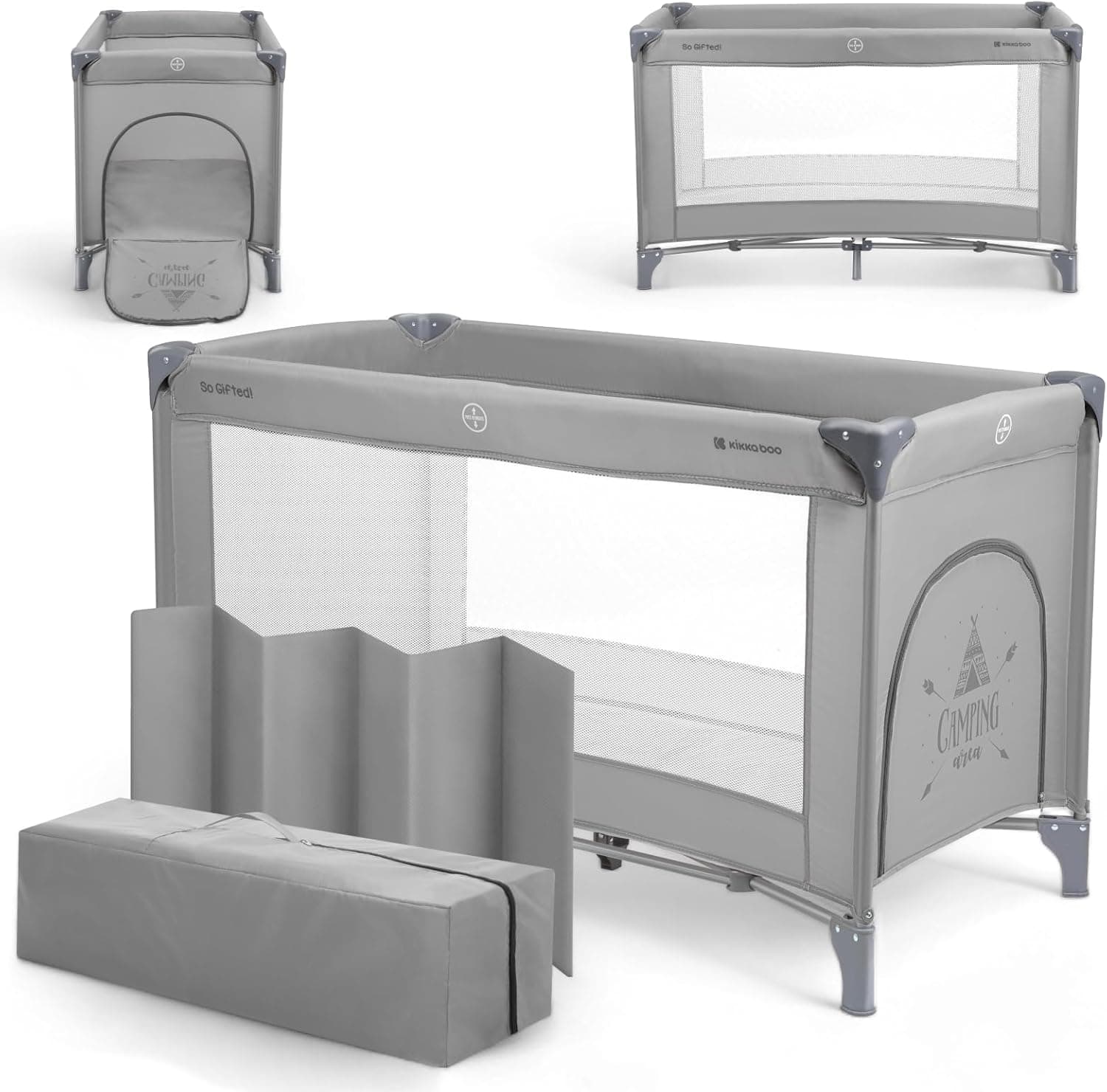KikkaBoo SO Gifted Berço de viagem, até 15 kg, parque berço 120 x 60 cm, 1 nível, dobrável, leve, saco de transporte, compacto, cinzento