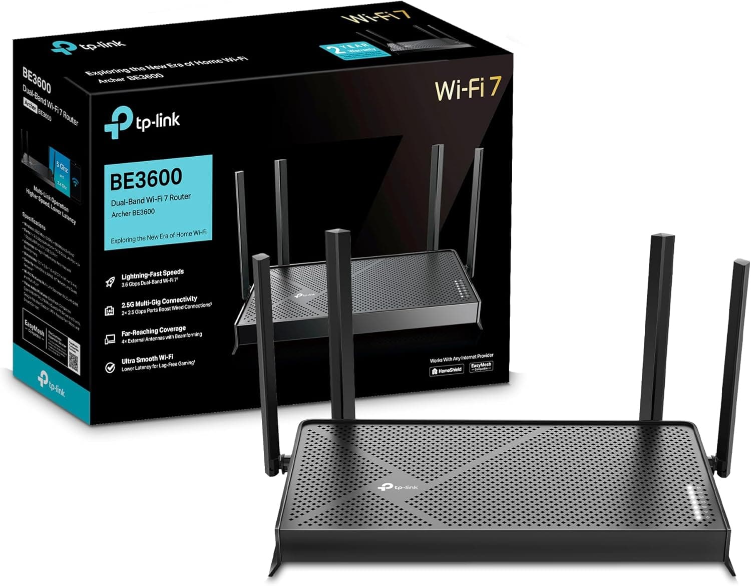 TP-Link Archer BE3600 - Router WiFi 7, BE3600 Mbps de banda dupla, 2 portas × 2,5 Gbps, tribanda, 2 × 2 MU-MIMO, OFDMA, MLO, WiFi 7 sem precedentes, compatível com EasyMesh, H. omeShiel. D, VPN