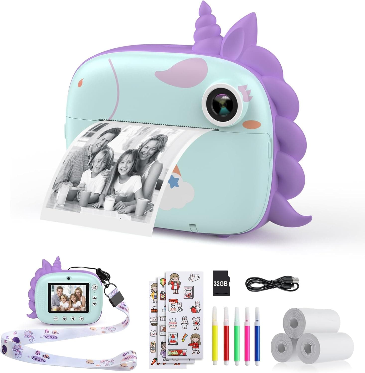 HiMont Câmara de fotos instantâneas para crianças com papel de impressão e cartão SD de 32G, 20MP, câmara de fotos para crianças com canetas coloridas, presente para crianças de 3 a 14 anos 