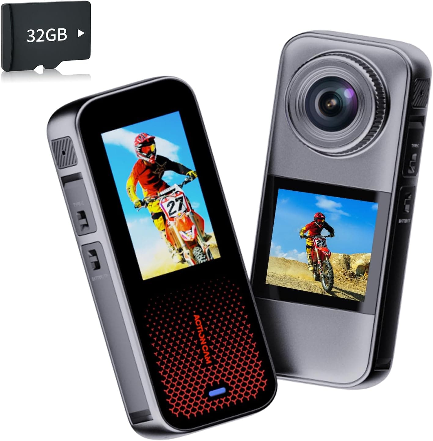 Xilecam Câmara desportiva com ecrã duplo 1350 mAh bateria câmara moto, câmara aquática submergível câmara desportiva de 32 GB e acessórios vários