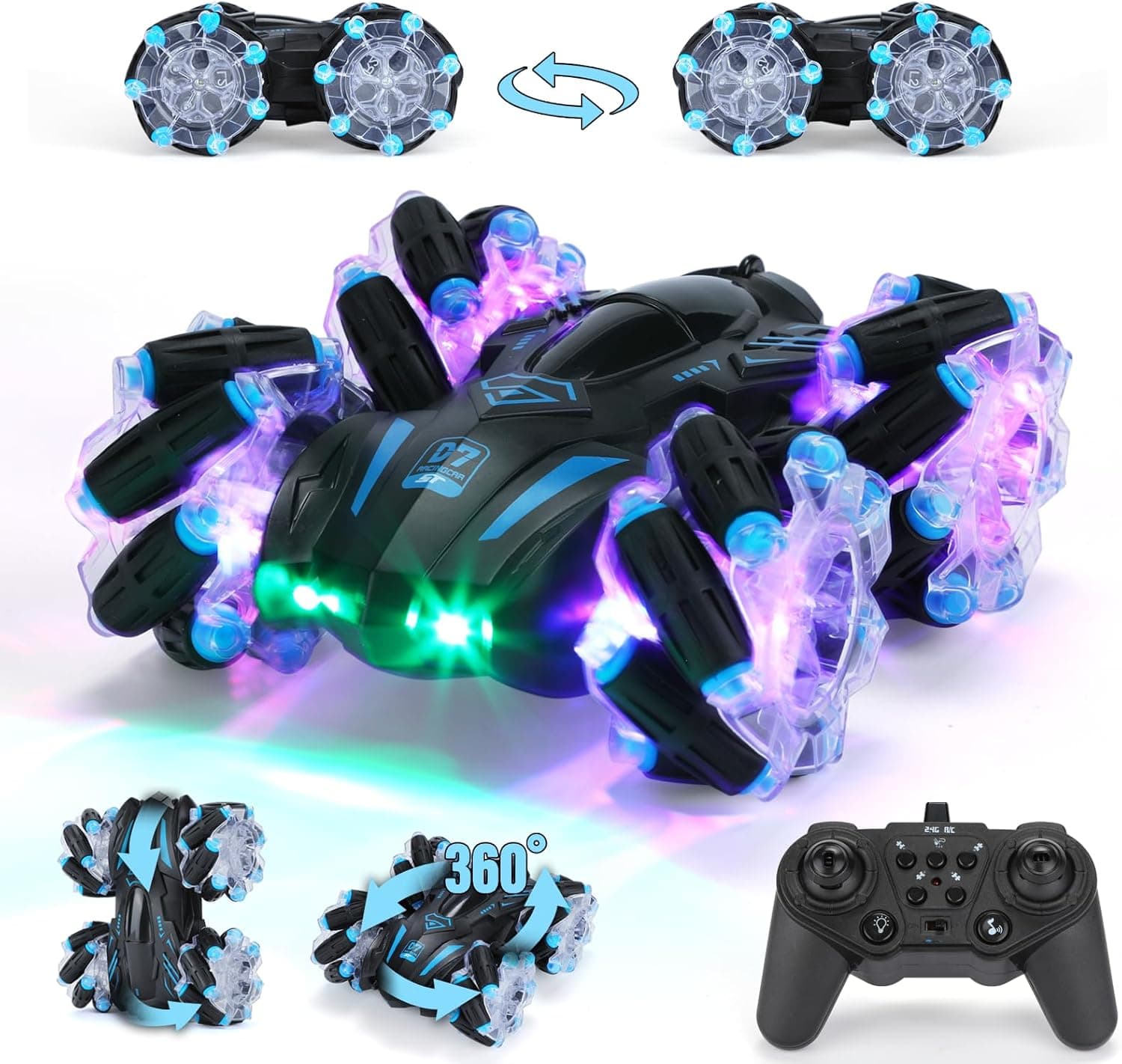 Bestcool Carro remoto, 4 WD 2,4 GHz carro RC 360 ° Flips dupla face giratória Stunt Car com luz controlador de música Drift RC Car Charge Race Vehicle brinquedo presentes para meninos meninas 6