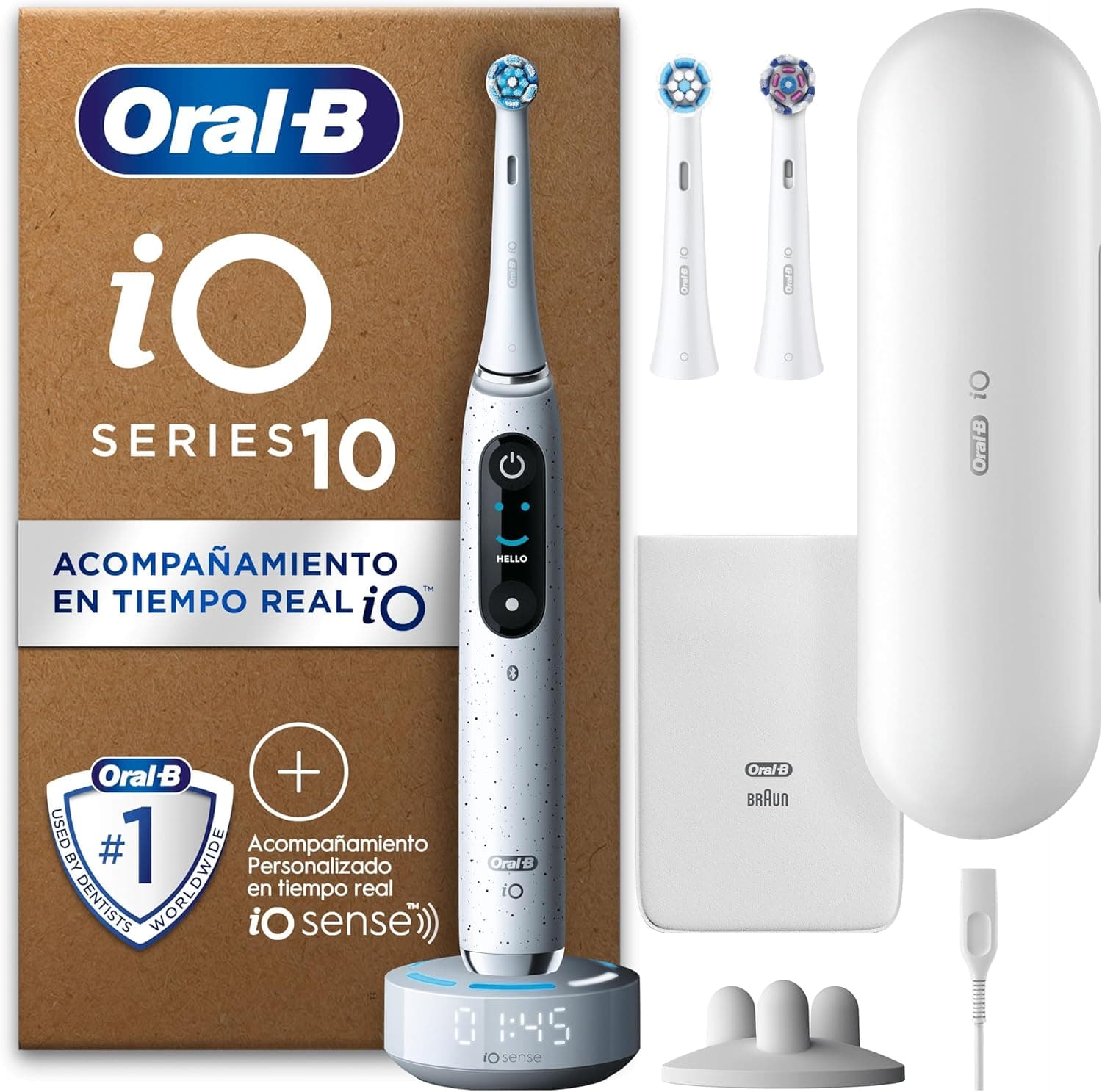 Oral-B iO 10 Escova de dentes elétrica branca, com 3 cabeças e 1 estojo carregador de viagem, desenhado por Braun