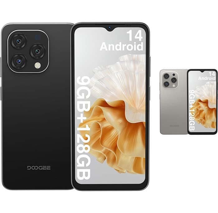 DOOGEE N55 2024 Telemóvel livre 9 GB RAM+128 GB ROM (TF 1TB), 6,56 polegadas HD Smartphone livre Android 14, 13 MP AI câmera, 5150 mAh bateria, 4G Dual SIM, Octa-Core. Tamanho único PS/Face ID natural