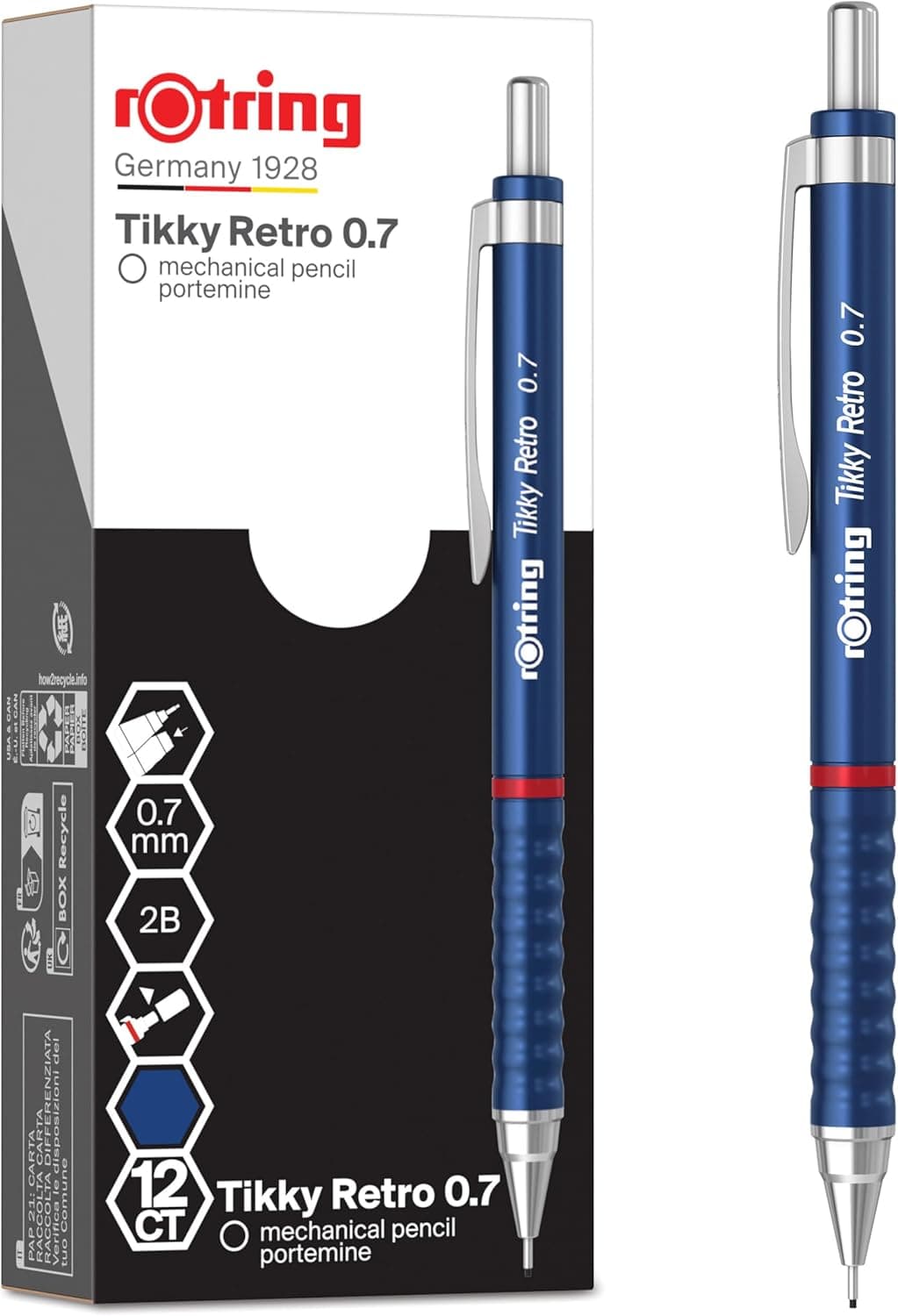 Portaminas retro Tikky de rOtring | 2B de 0,7 mm, corpo azul, aderência ondulada, 12 unidades