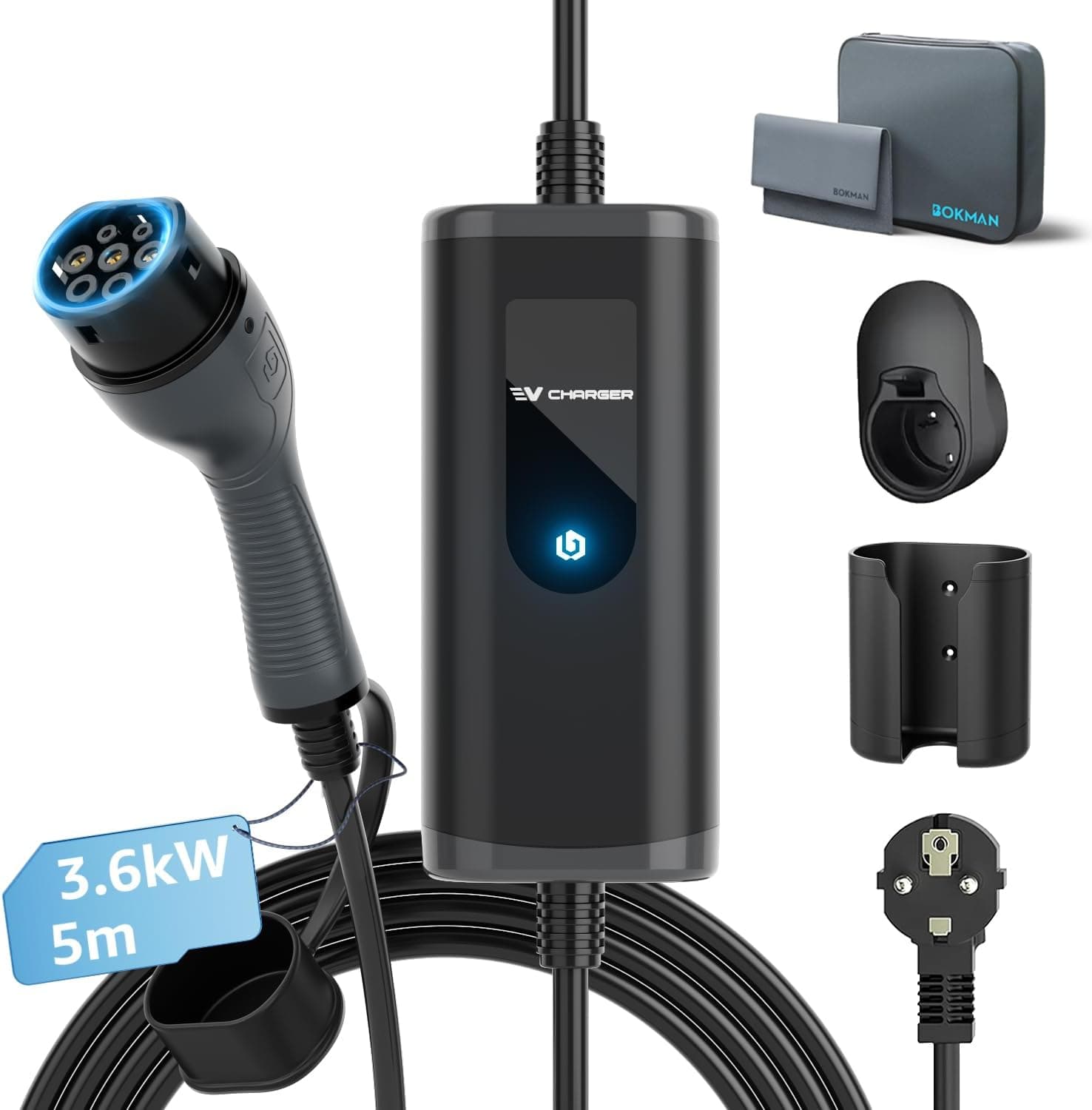 bokman Carregador de carro elétrico tipo 2, 3,68 kW / 16 A / 5 metros / IP65 impermeável, monofásico cabo de carregamento para veículos elétricos