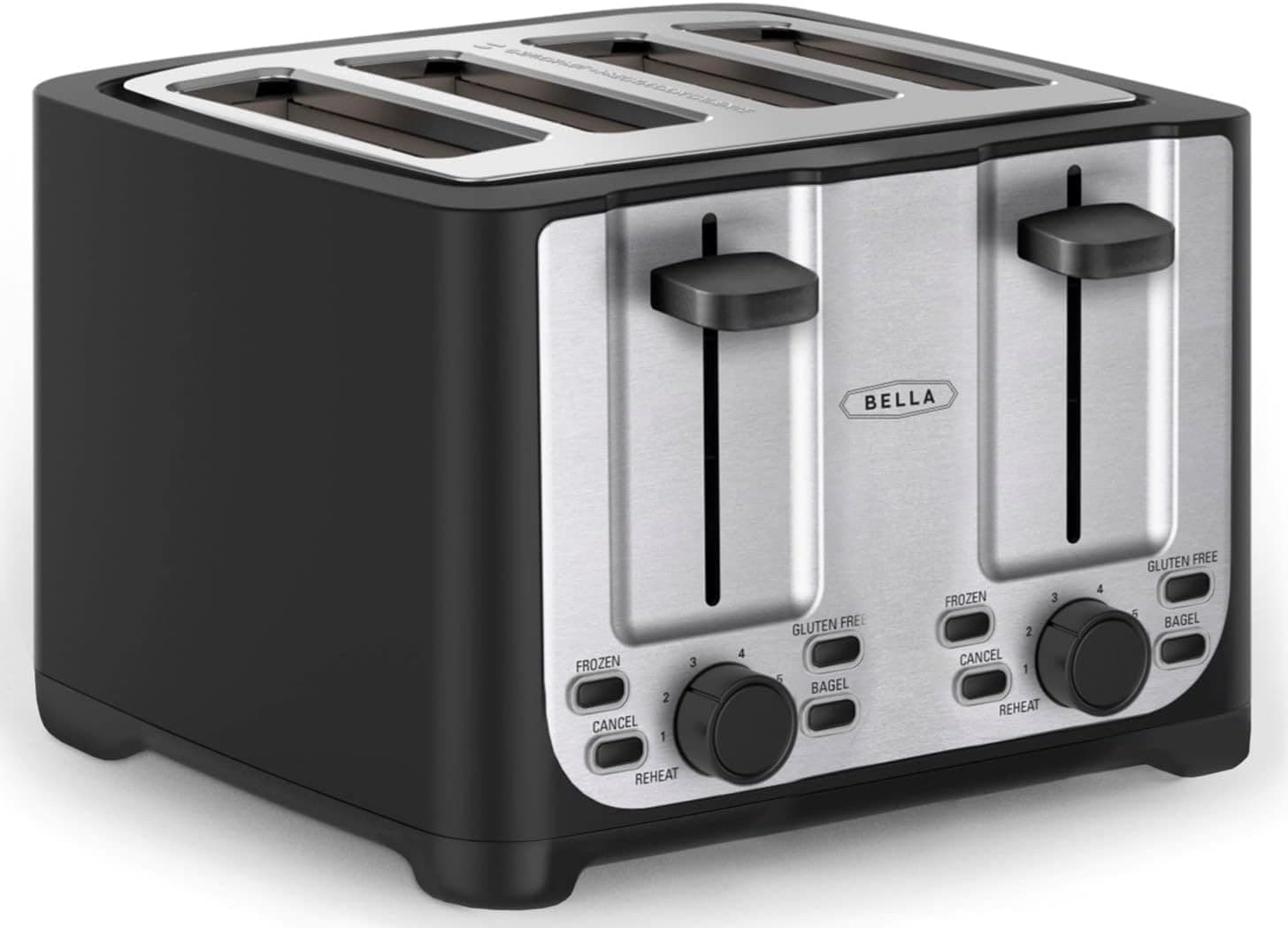 BELLA Torradeira de 4 fatias com fecho automático, ranhuras extra largas e bandeja recolhe migalhas removível, função de cancelar, descongelar e aquecer, aço inoxidável e preto