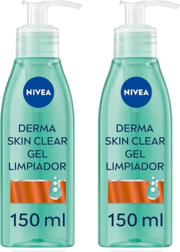 NIVEA Derma Skin Clear Gel de limpeza, limpador facial para peles com imperfeições, limpador de poros formulado com ácido salicílico, niacinamida e sal marinho, 150 ml x 2