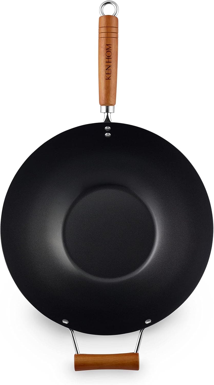 Ken Hom Wok Aço carbono anti-aderente, 35 cm, clássico, frigideira sem indução/com cabo de madeira/base plana, não adequado para máquina de lavar louça, 2 anos de garantia, KH335001