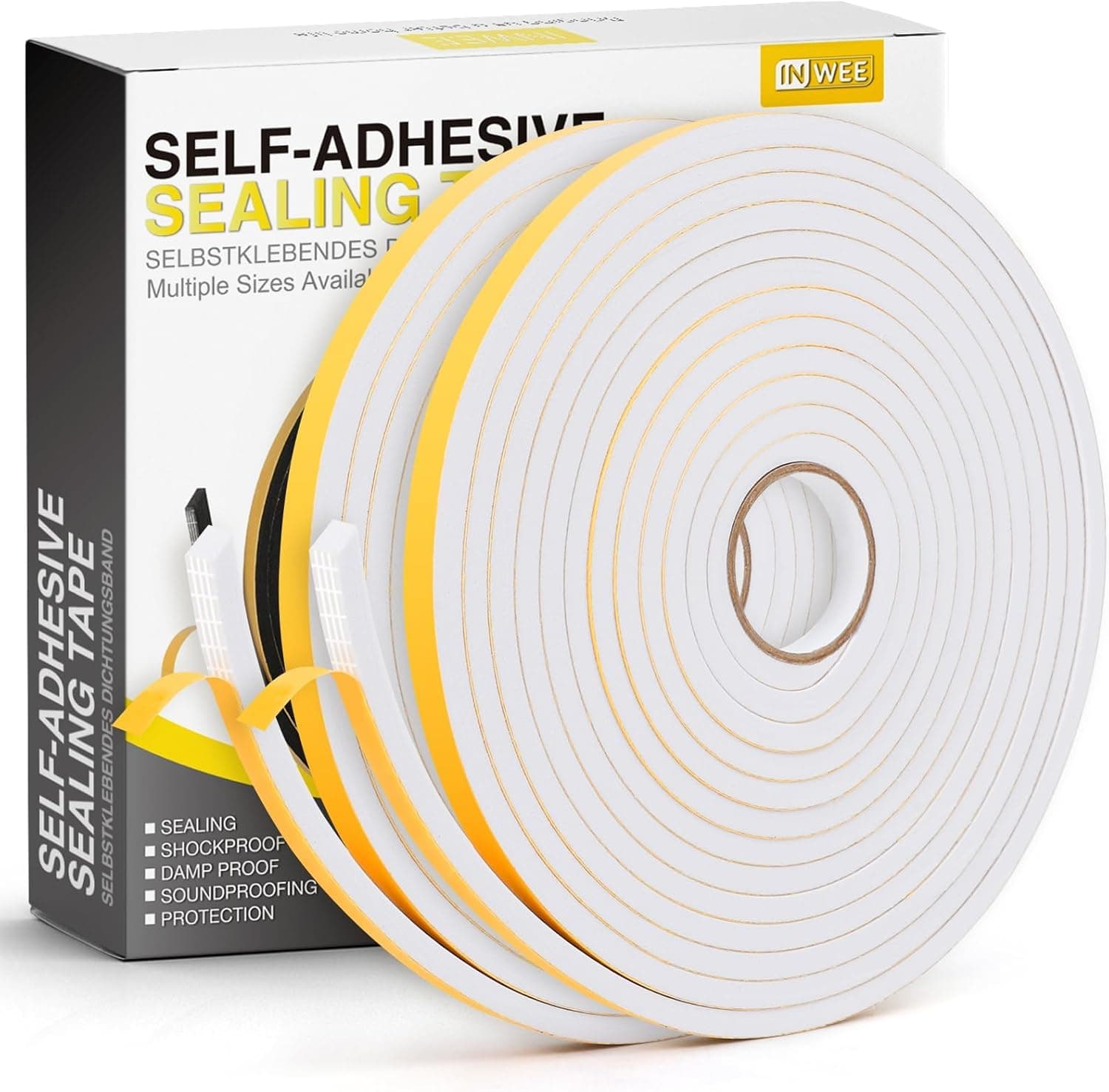 Inwee Fita adesiva, fita seladora de espuma com fecho de 10 mm x 6 mm, aba para portas e janelas de casa, espuma com fecho autocolante de alta densidade para isolante, ruído e colisão de 10 m, branco