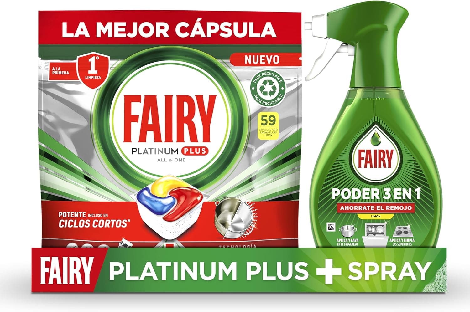 Fairy Platinum Plus Cápsulas de máquina de lavar louça, tudo em um limão, 59 cápsulas Fairy Poder sem imersão limão em spray, louça e cozinha, anti-gordura, 500 ml