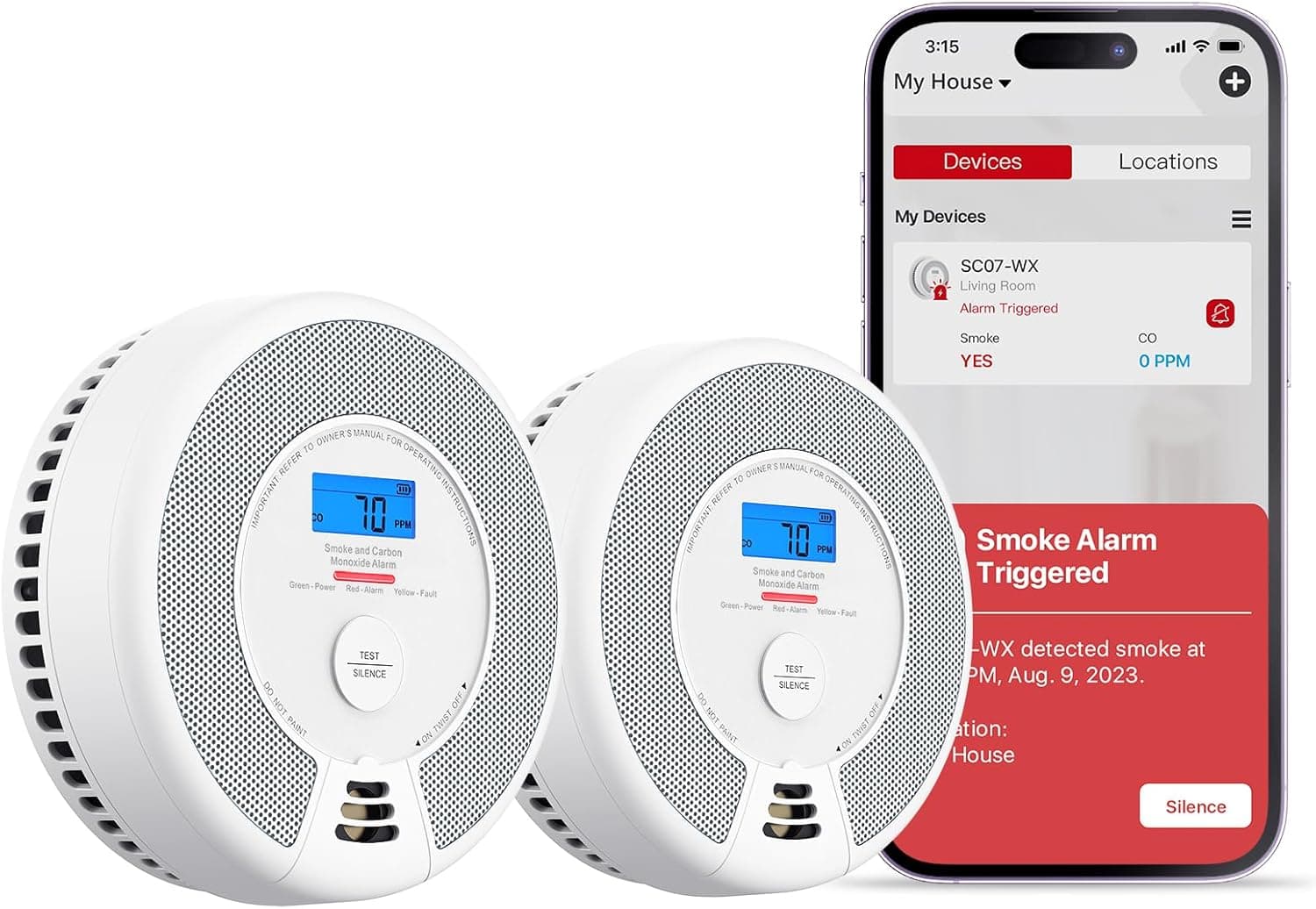 X-Sense Detector de fumo e monóxido de carbono Wi-Fi com bateria substituível, detetor combinado inteligente compatível com a aplicação X-Sense Home Security, SC07-WX, 2-Pack