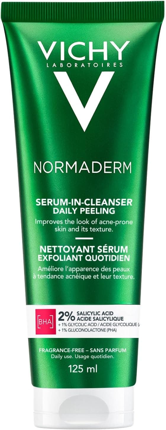 Vichy Normaderm - Sérum de limpeza diário esfoliante para peles problemáticas, contra espinhas e acne, melhora a pele com ácido glicólico e salicílico, 125 ml