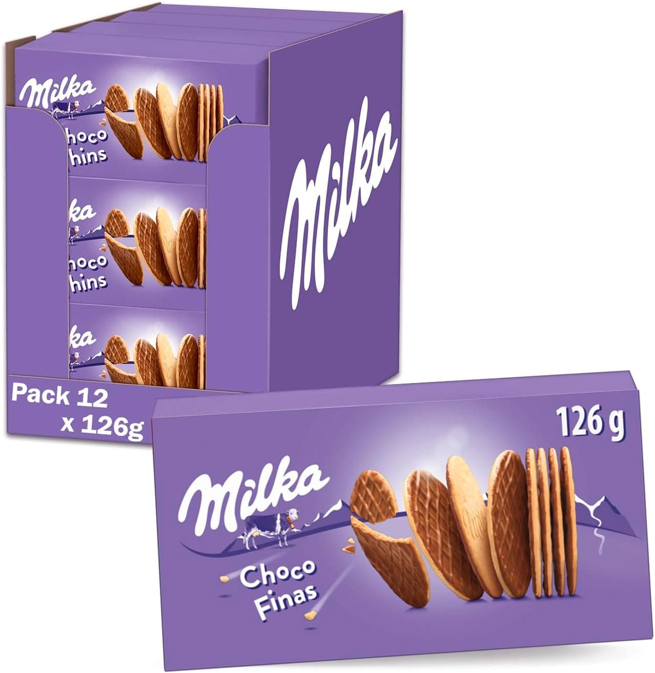Milka Choco fino bolachas com chocolate com leite dos Alpes, 126 g, pack de 12