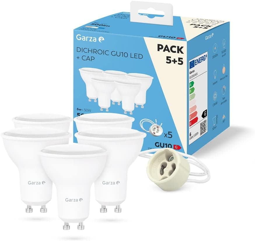 Garza - Embalagem de 5 lâmpadas LED, casquilho GU10, luz neutra 4000K, 5 W, 500 lúmenes. Não regulável.