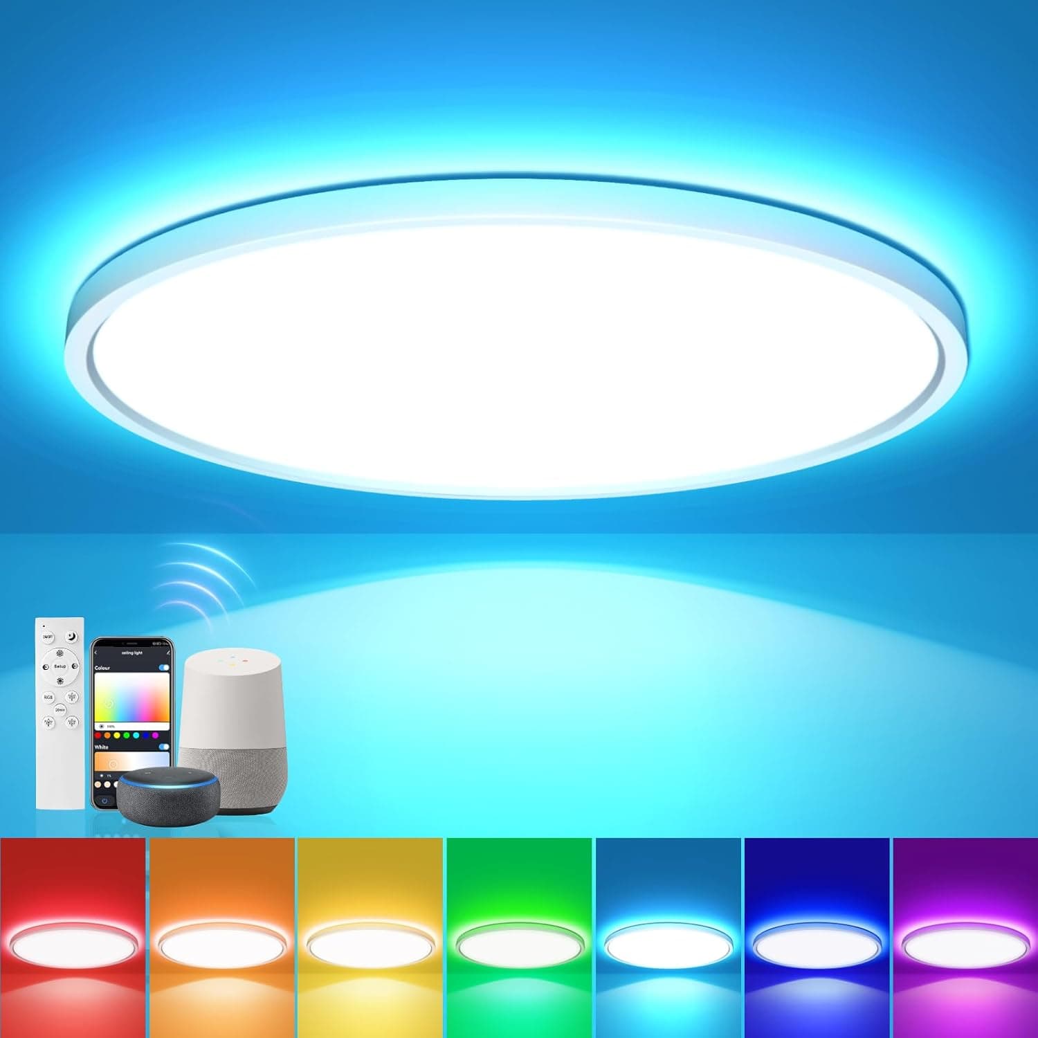 EASY EAGLE Plafon LED teto: 28 W RGB candeeiro de teto LED compatível com Alexa e Google Home, candeeiro de teto regulável para quarto sala de estar cozinha casa de banho quarto, 30 cm branco