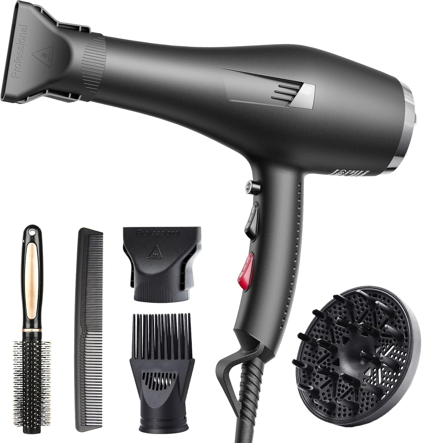 HappyGoo Secador de cabelo profissional iónico secador de cabelo 3 temperaturas 2 velocidades, botão de ar frio, 2 concentradores e 1 difusor Hair Dryer rápido secagem cabelo