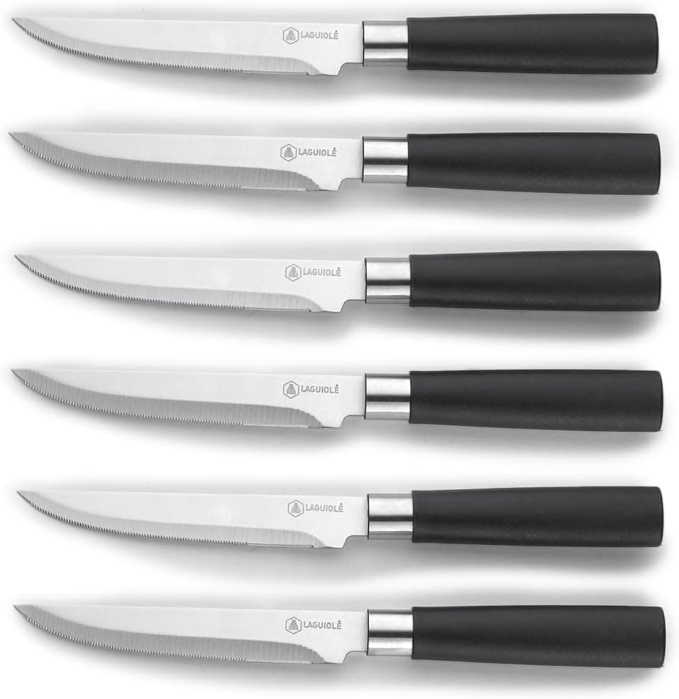 LAGUIOLE, Facas de carne simples em aço 420J2, design preto elegante, 23,8 cm de comprimento, lâmina de 12,5 cm, alta resistência, fácil de manter, ideal para todas as refeições, preto