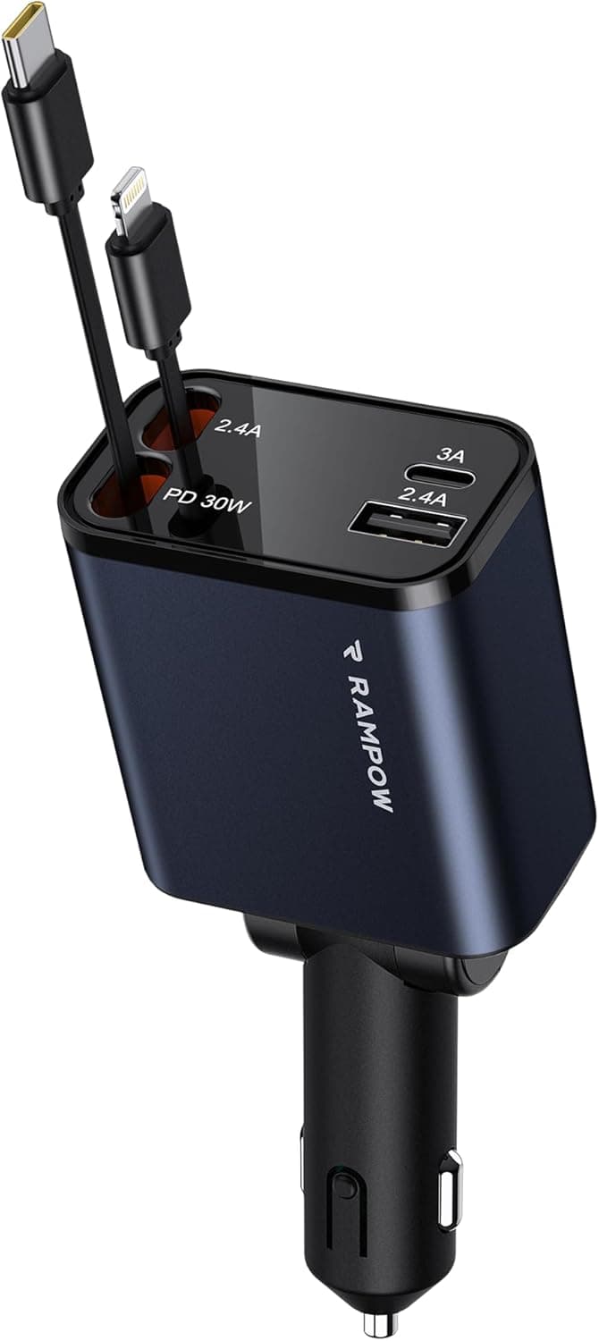 AMPOW Carregador de carro retrátil, carregador de carro para isqueiro, [65 W 4 em 1] carregador de carro USB C, carregador de carro retrátil para telemóvel com iPhone 15/14/13/12/11