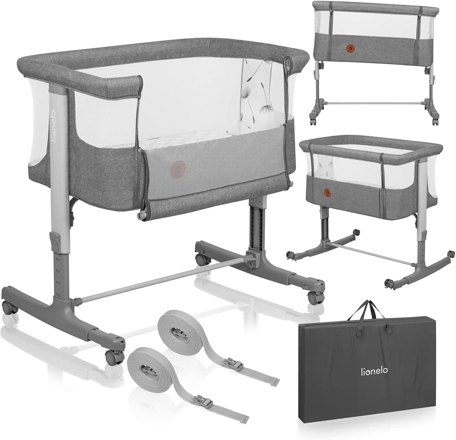lionelo Aurora Berço 3 em 1 até 9 kg, berço de coleito, berço de balanço, ajuste de altura e inclinação do colchão, 4 rodas com travão, colchão ergonómico, bolsa