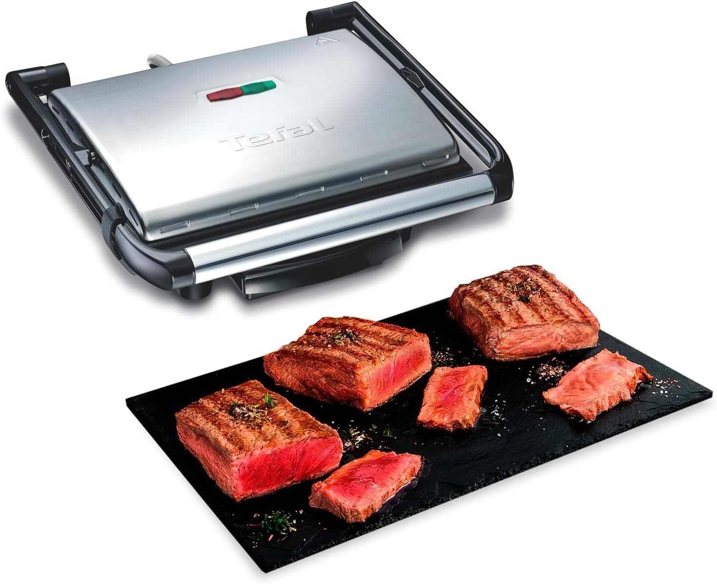 Tefal GC241D Grill com placas antiaderentes, toque frio, bandeja recolhe sumo removível, paninis, carne, peixe e assar legumes, preto/prateado, potência de 2000 W