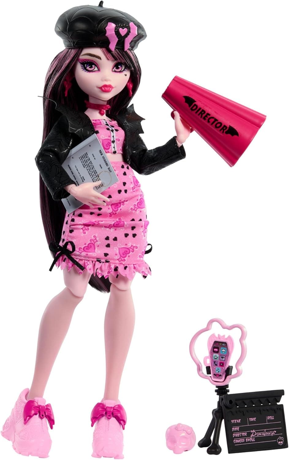 Monster High Draculaura Fearbook HXW30 | Boneca de coleção com jaqueta universitária e acessórios de cinema para crianças a partir dos 4 anos