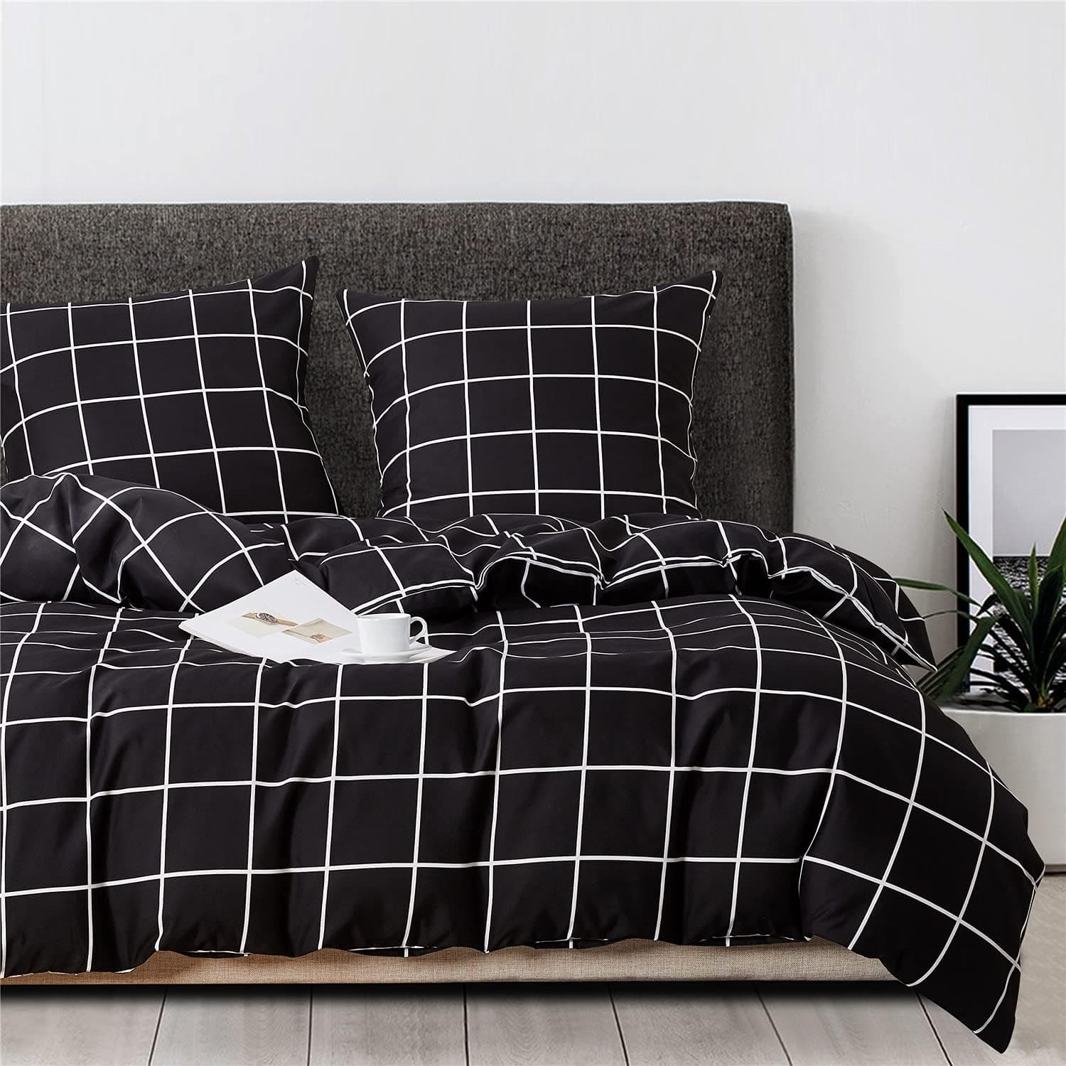 Gezu - Capa nórdica quadriculada (140 x 200 cm), preto e branco, conjunto de cama de microfibra com 1 fronha de 65 x 65 cm com fecho de correr, conjunto de capa de edredão para 1 pessoa